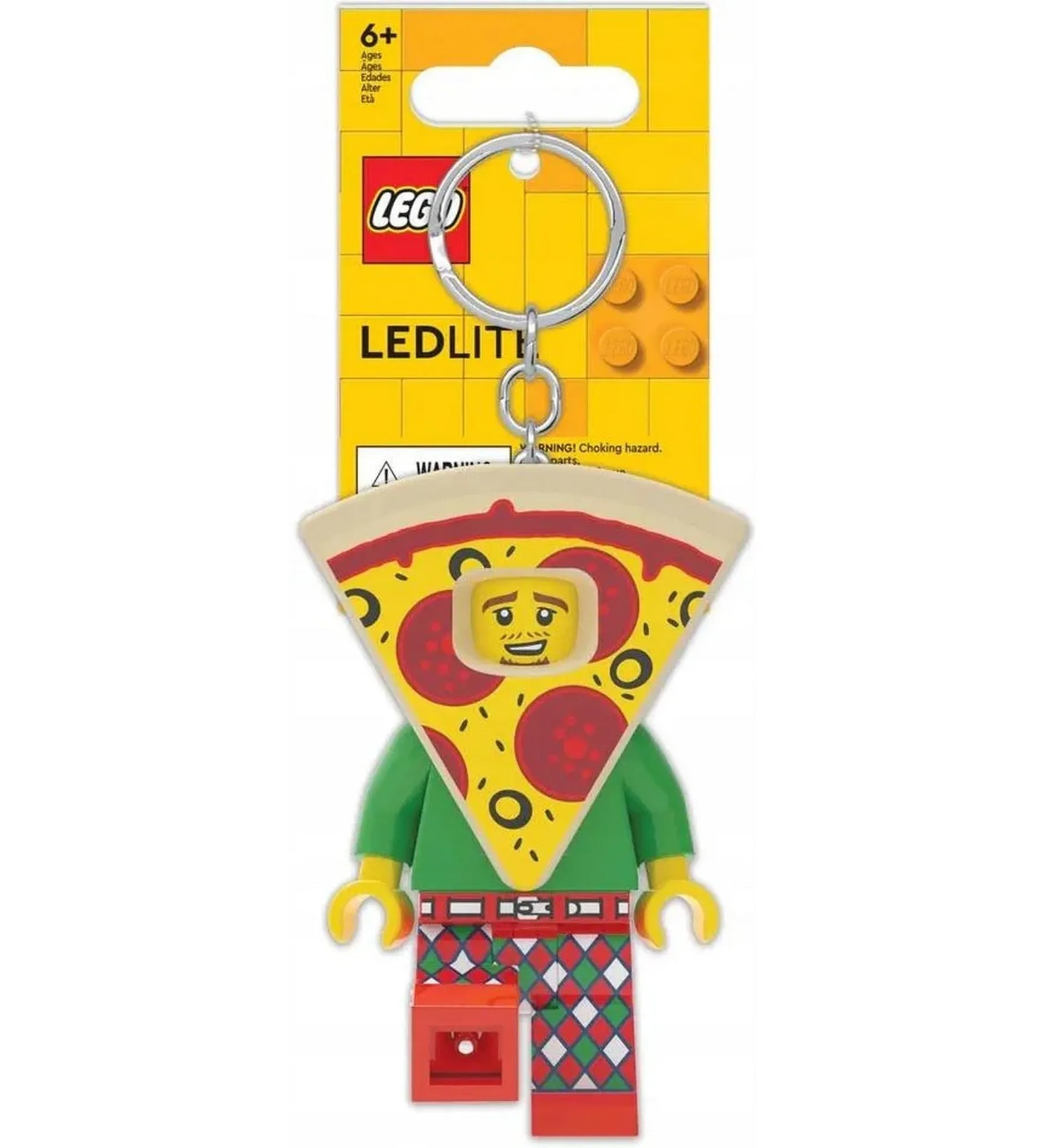 A LEGO Pizza kosztümös figura LED kulcstartó (LGL-KE176H) eredeti csomagolásban, sárga LEGO háttérrel és logóval.