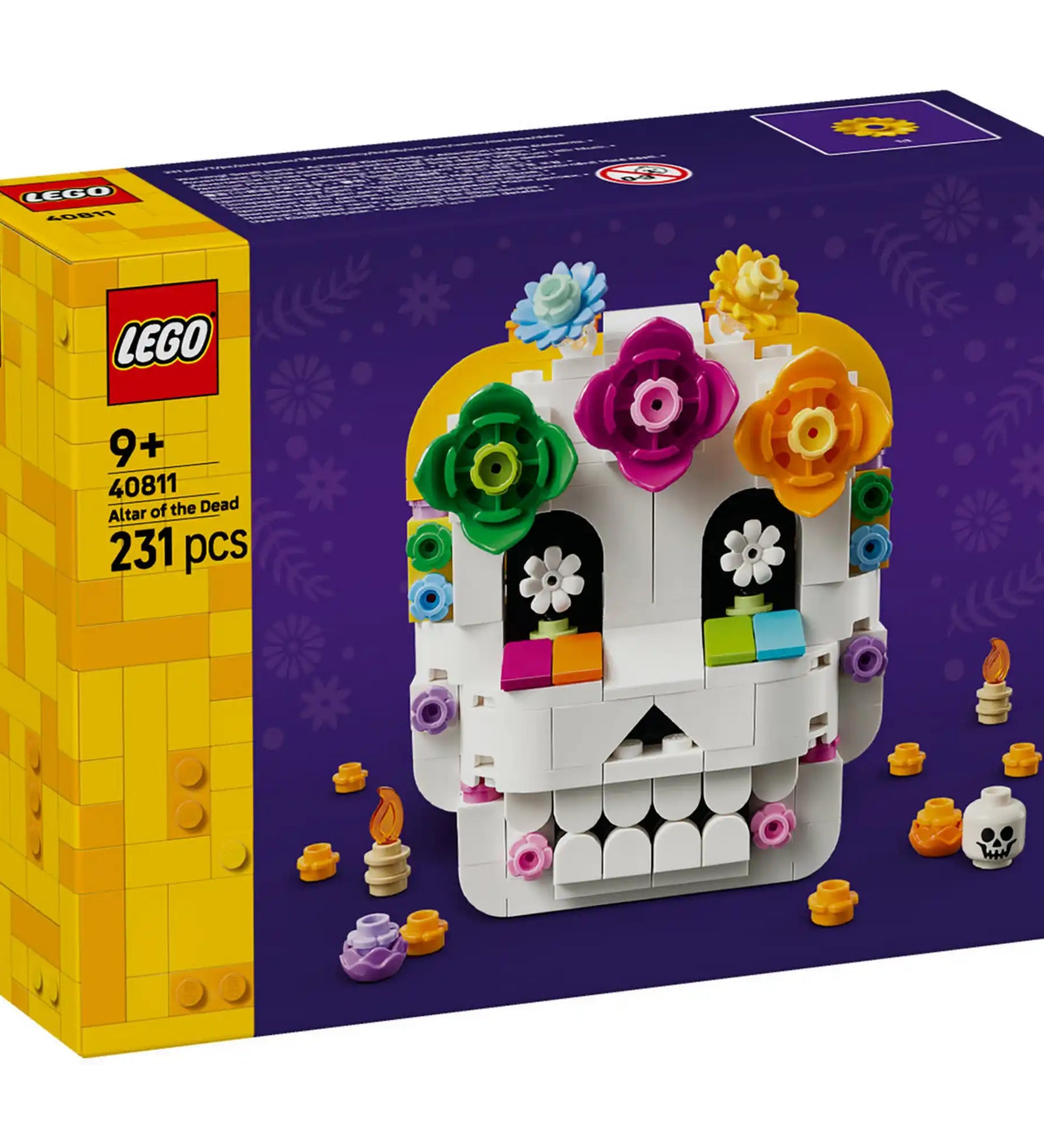 LEGO A holtak oltára 40811 készlet doboza a kétoldalas cukorkoponya modellel és kiegészítő elemekkel.