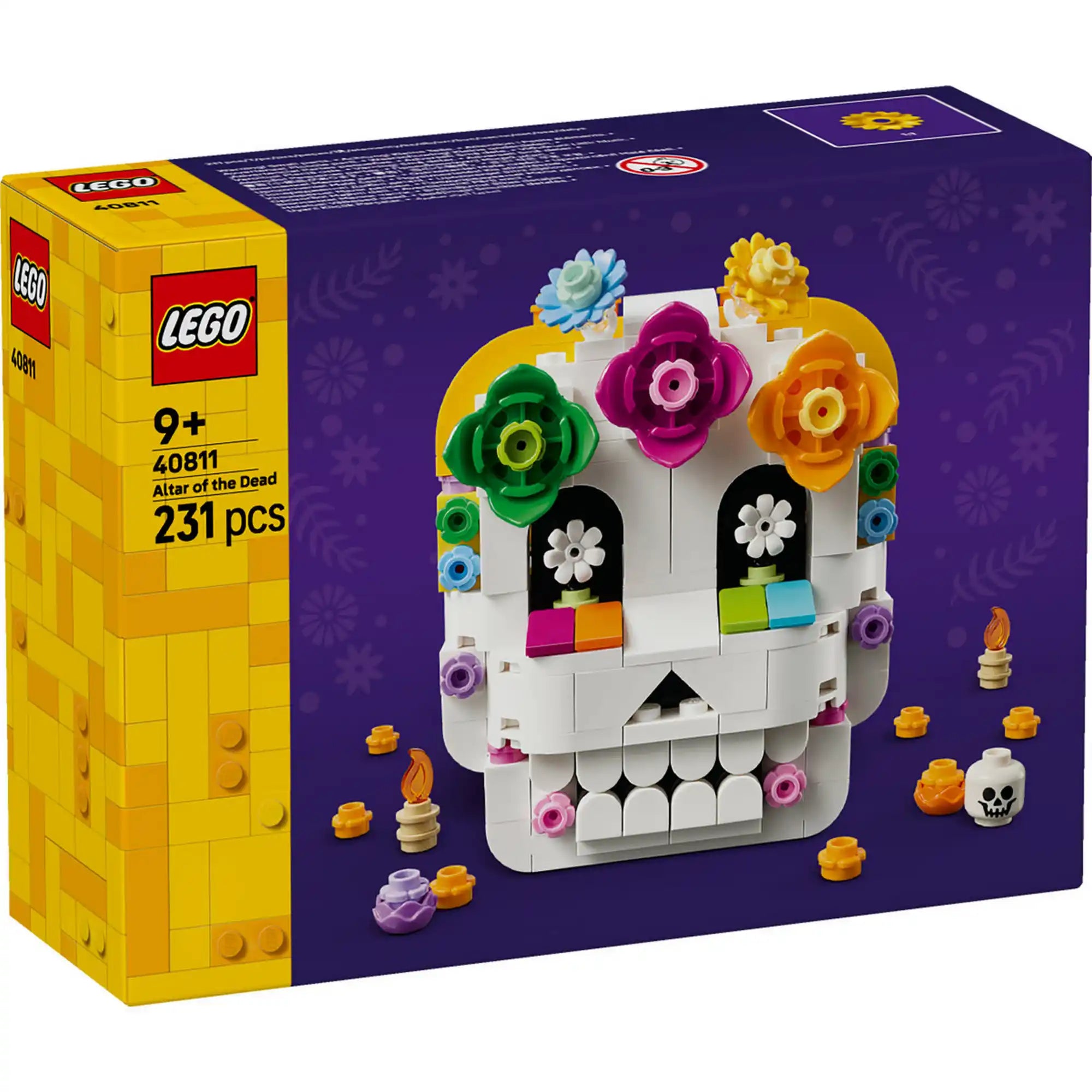 LEGO A holtak oltára 40811 készlet doboza a kétoldalas cukorkoponya modellel és kiegészítő elemekkel.