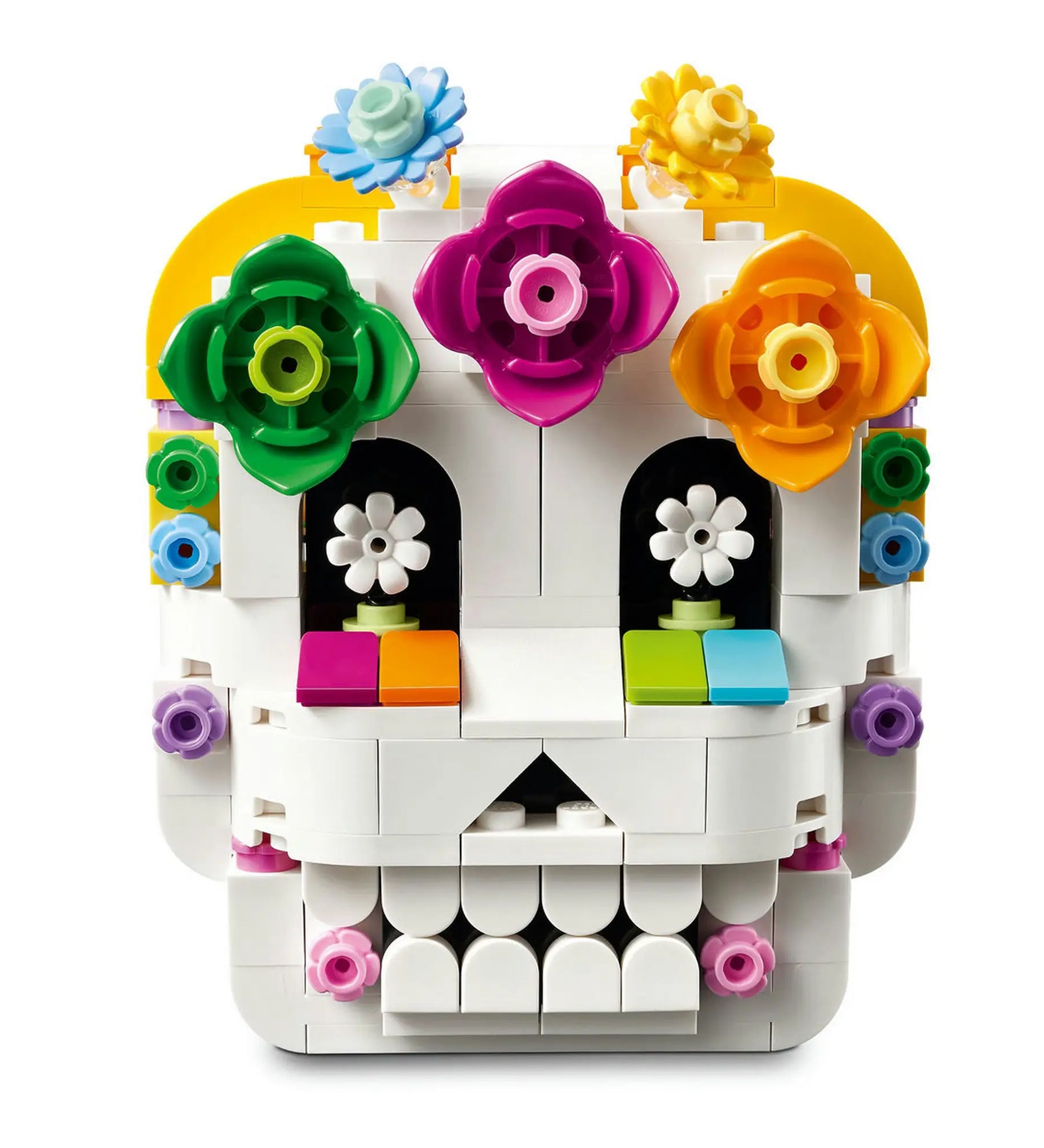 LEGO A holtak oltára 40811 cukorkoponya elölnézetből, virágdíszekkel és színes részletekkel.
