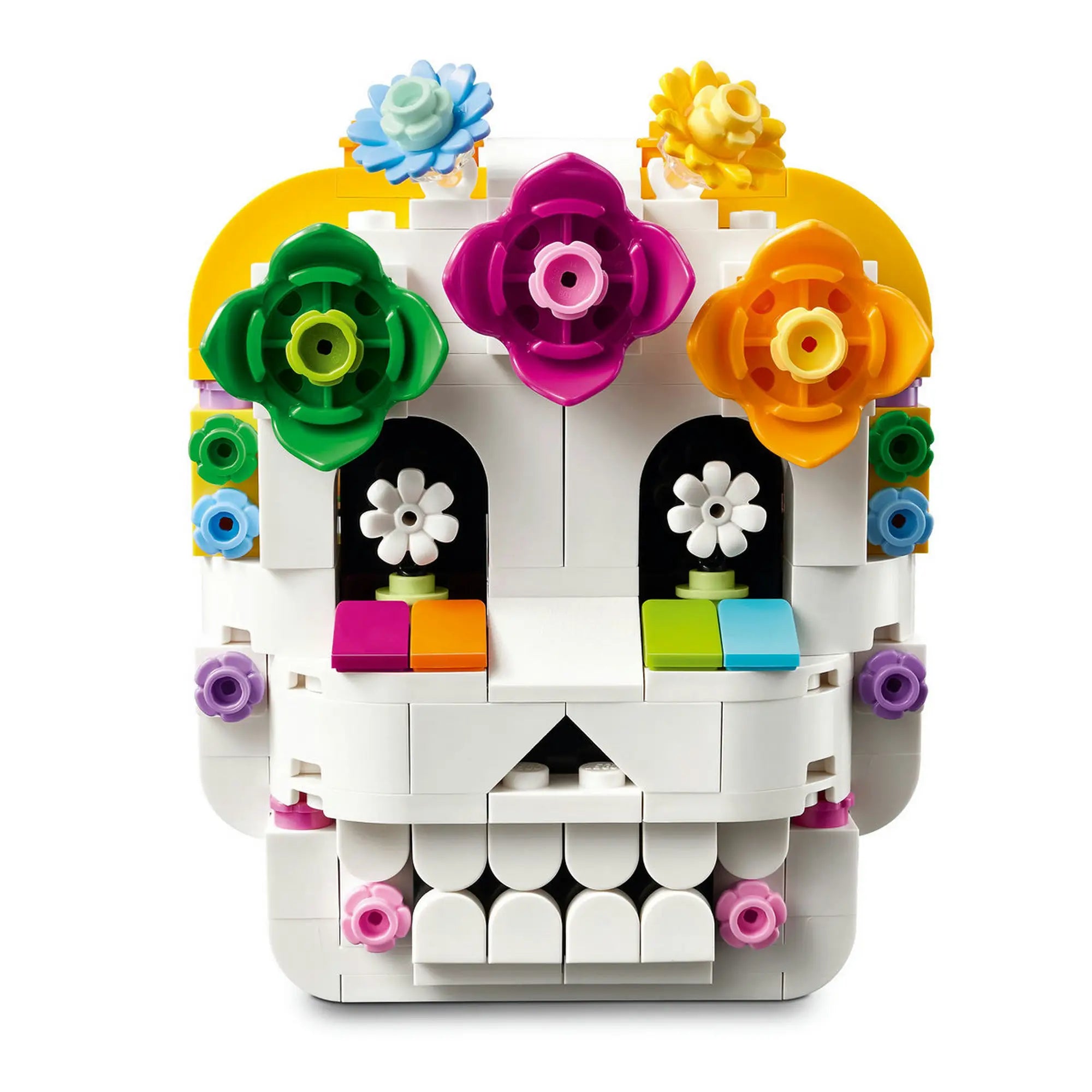 LEGO A holtak oltára 40811 cukorkoponya elölnézetből, virágdíszekkel és színes részletekkel.