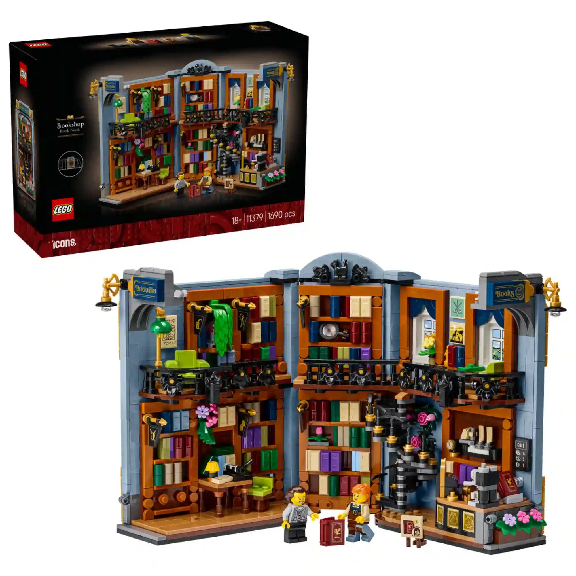 LEGO Icons (Creator Expert): Könyvkuckó Könyvesbolt 11379 készlet doboza és az összeépített könyvesbolt két minifigurával.