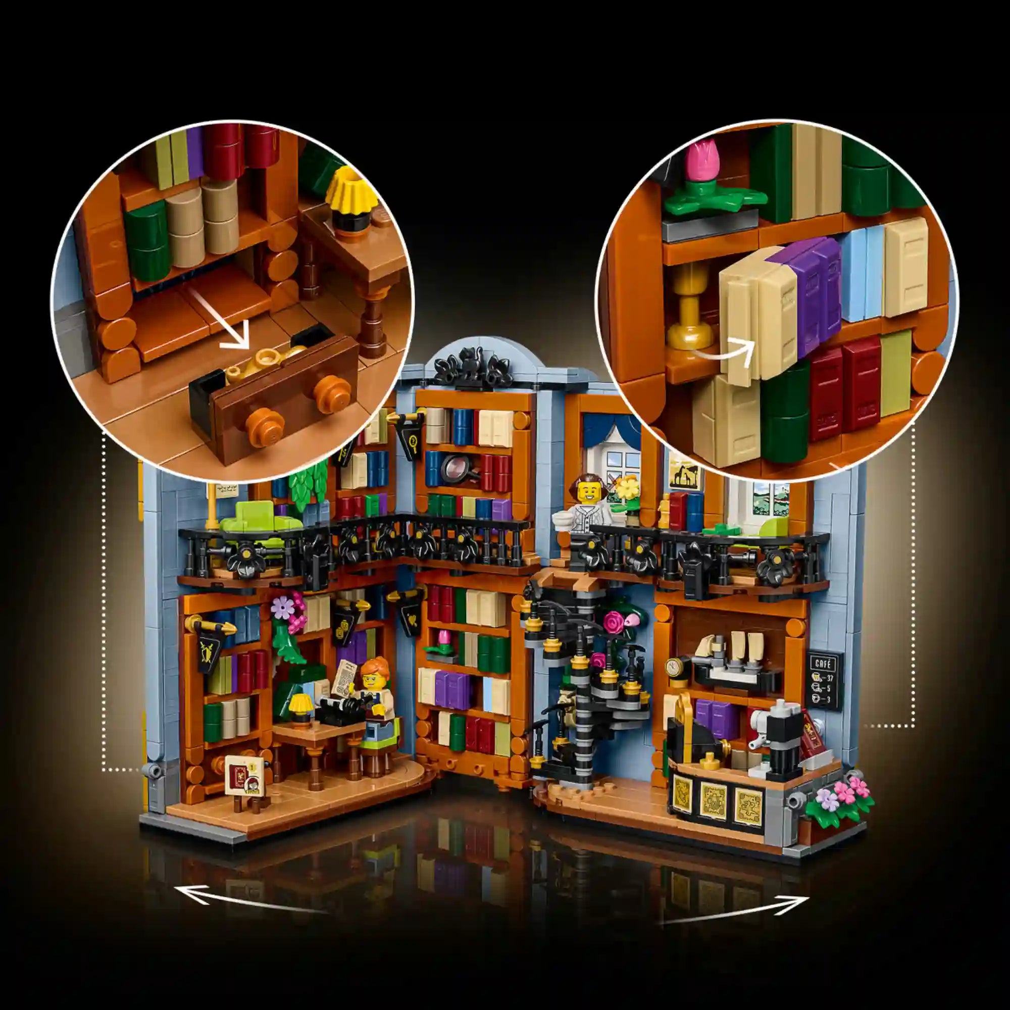 LEGO Icons (Creator Expert): Könyvkuckó Könyvesbolt 11379 modellje, kihúzható fiókkal, mozgatható könyvekkel és részletes belső terekkel.