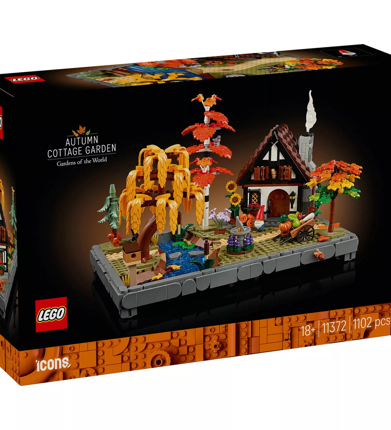 LEGO® Icons Őszi kert házikó (11372) dobozképe, amely az őszi kertet ábrázoló részletgazdag diorámát mutatja fákkal, patakkal és hangulatos házikóval