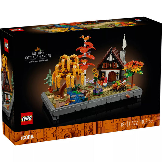 LEGO® Icons Őszi kert házikó (11372) dobozképe, amely az őszi kertet ábrázoló részletgazdag diorámát mutatja fákkal, patakkal és hangulatos házikóval