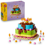 LEGO Születésnapi torta 40815 építőkészlet dobozképe és a színes, emeletes tortamodell gyertyákkal, virágdíszekkel és ünnepi dekorációval.