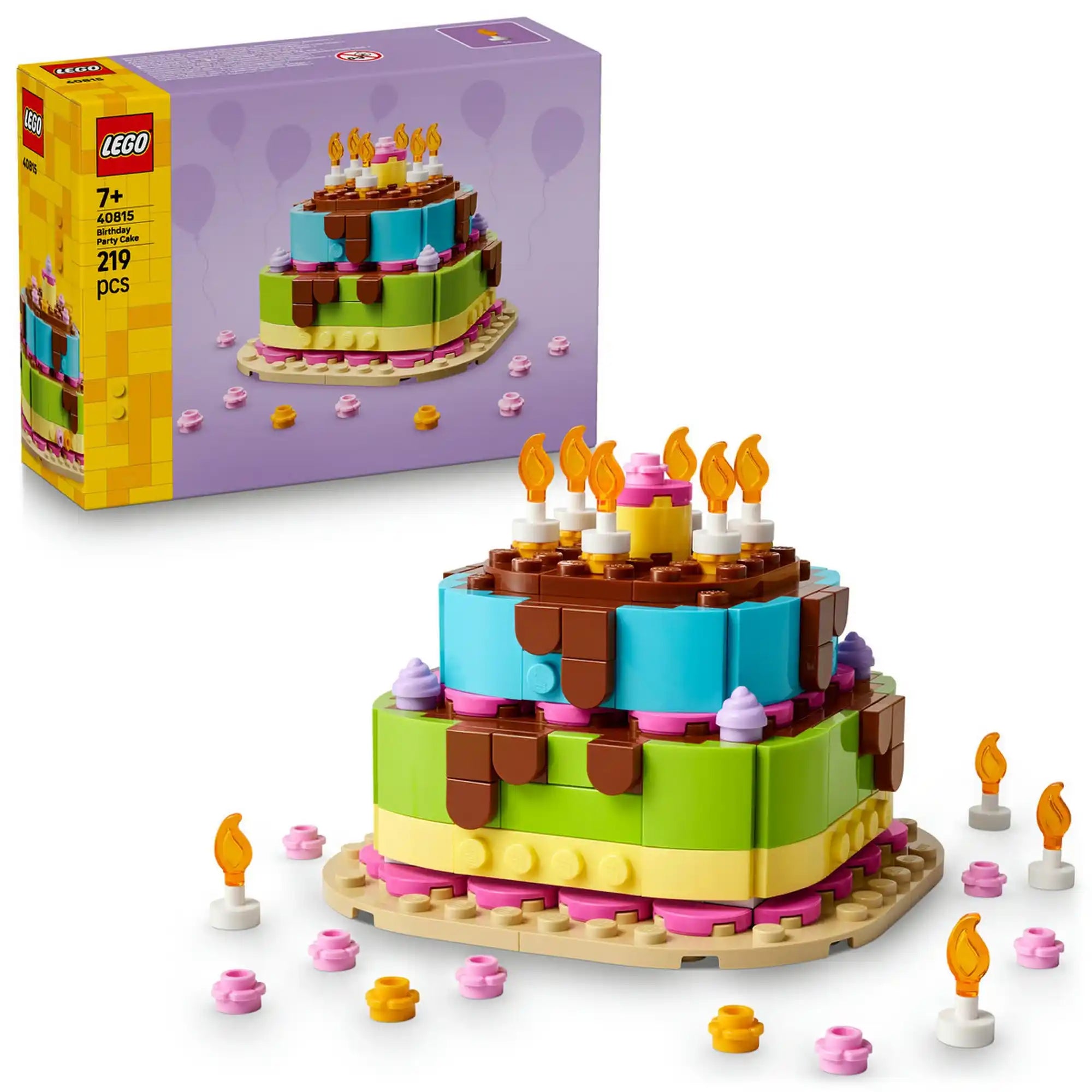 LEGO Születésnapi torta 40815 építőkészlet dobozképe és a színes, emeletes tortamodell gyertyákkal, virágdíszekkel és ünnepi dekorációval.