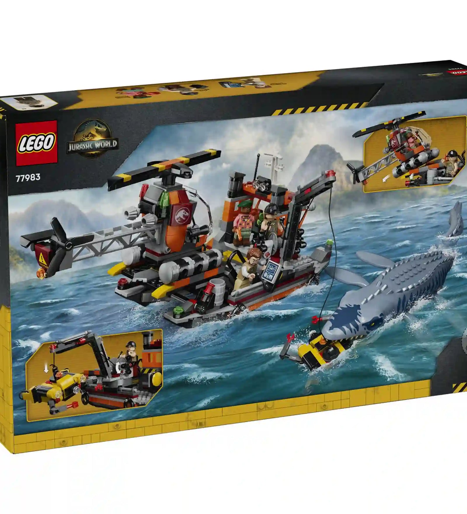 Doboz hátulja: A LEGO Jurassic World A mosasaurus támadása készlet hátoldala, amely bemutatja a hajó, a Mosasaurus és a játékelemek funkcióit.