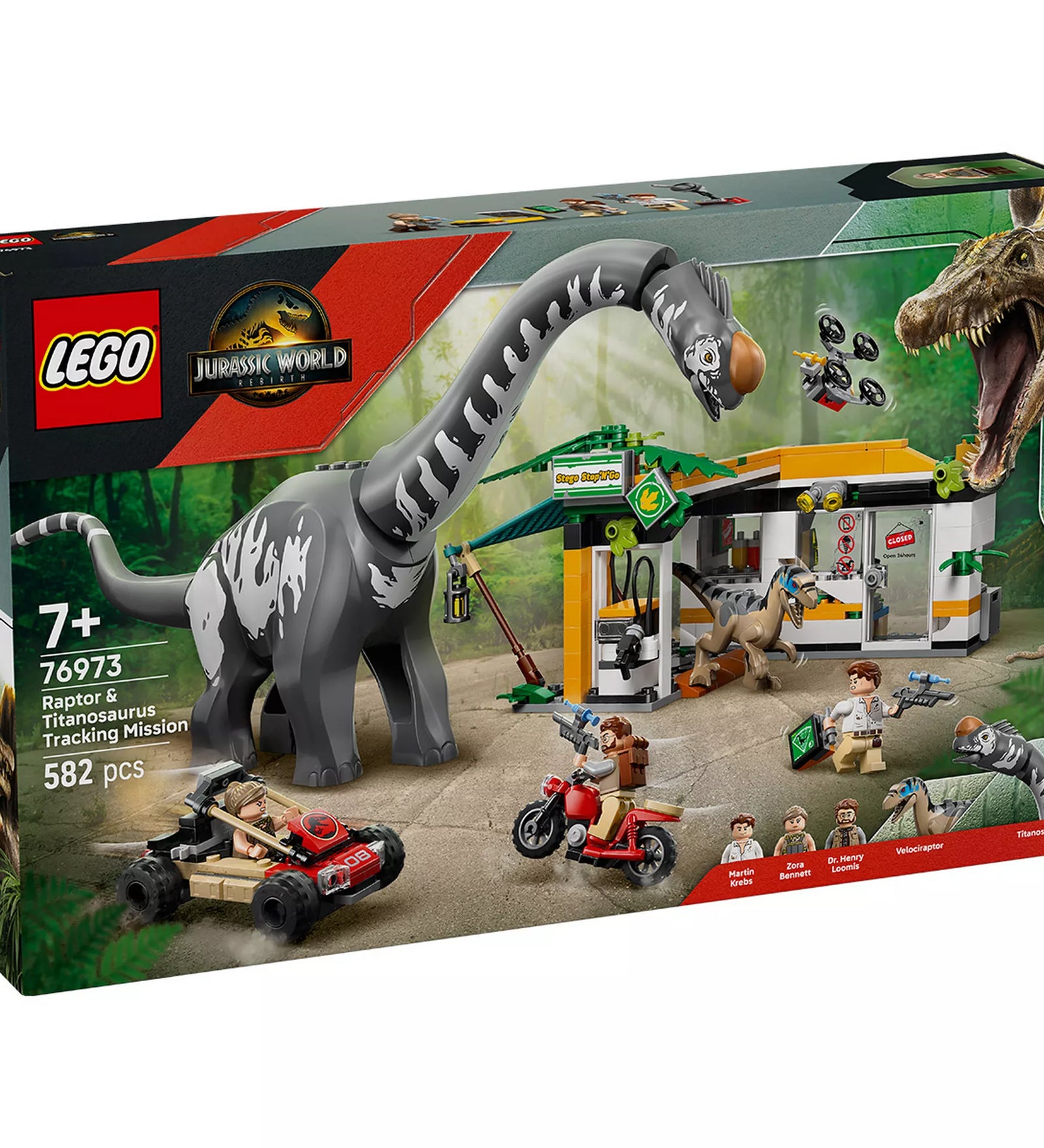 „A LEGO Jurassic World 76973 Velociraptor és Titanosaurus üldözése készlet doboza, rajta a hatalmas Titanosaurusszal, a Velociraptorral, a terepjáróval, motorral és a tábori állomással, 582 elemmel.”
