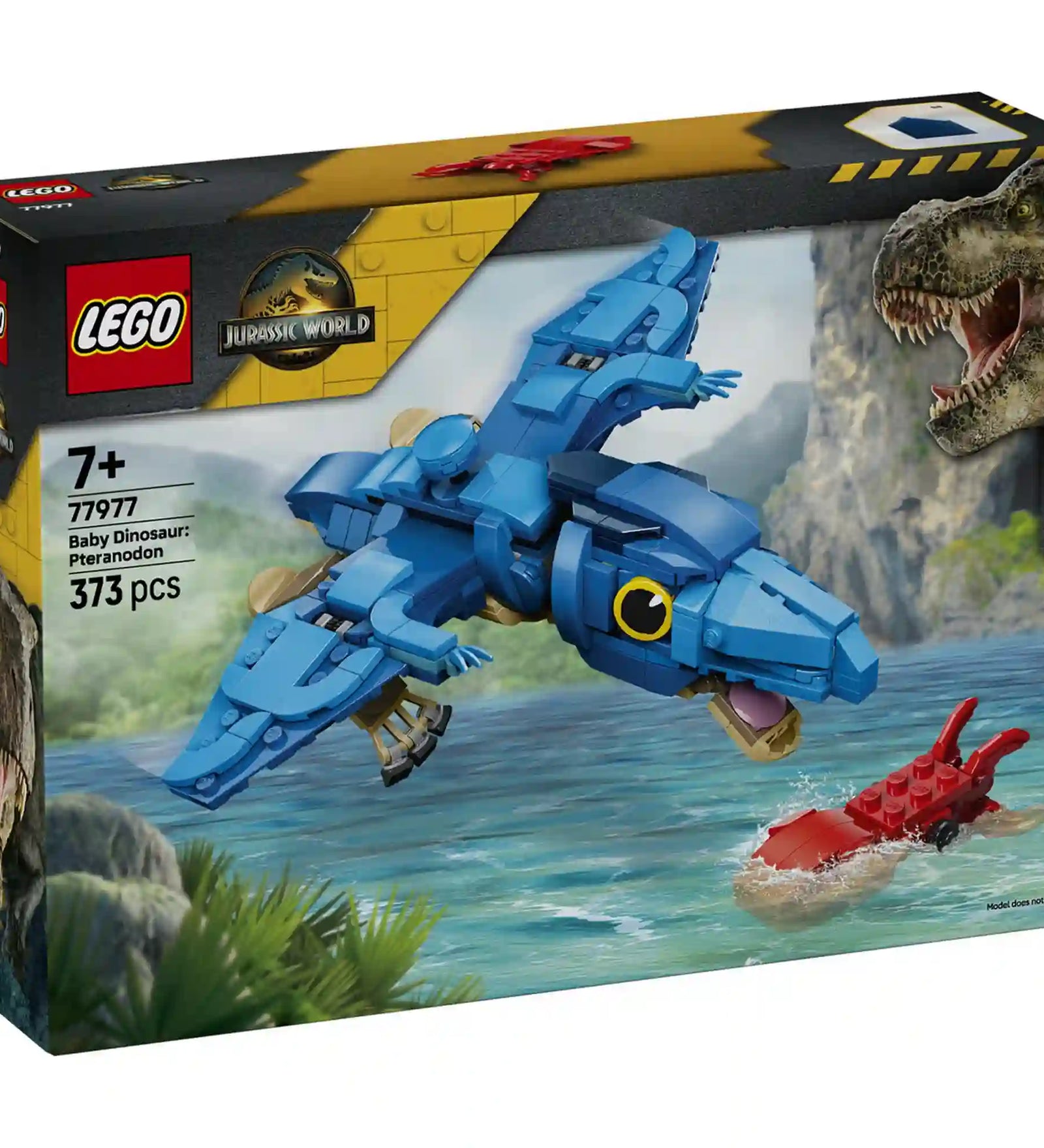Doboz eleje: LEGO Jurassic World Bébi pteranodon (77977) készlet doboza kék bébi pteranodon figurával és piros tintahallal.
