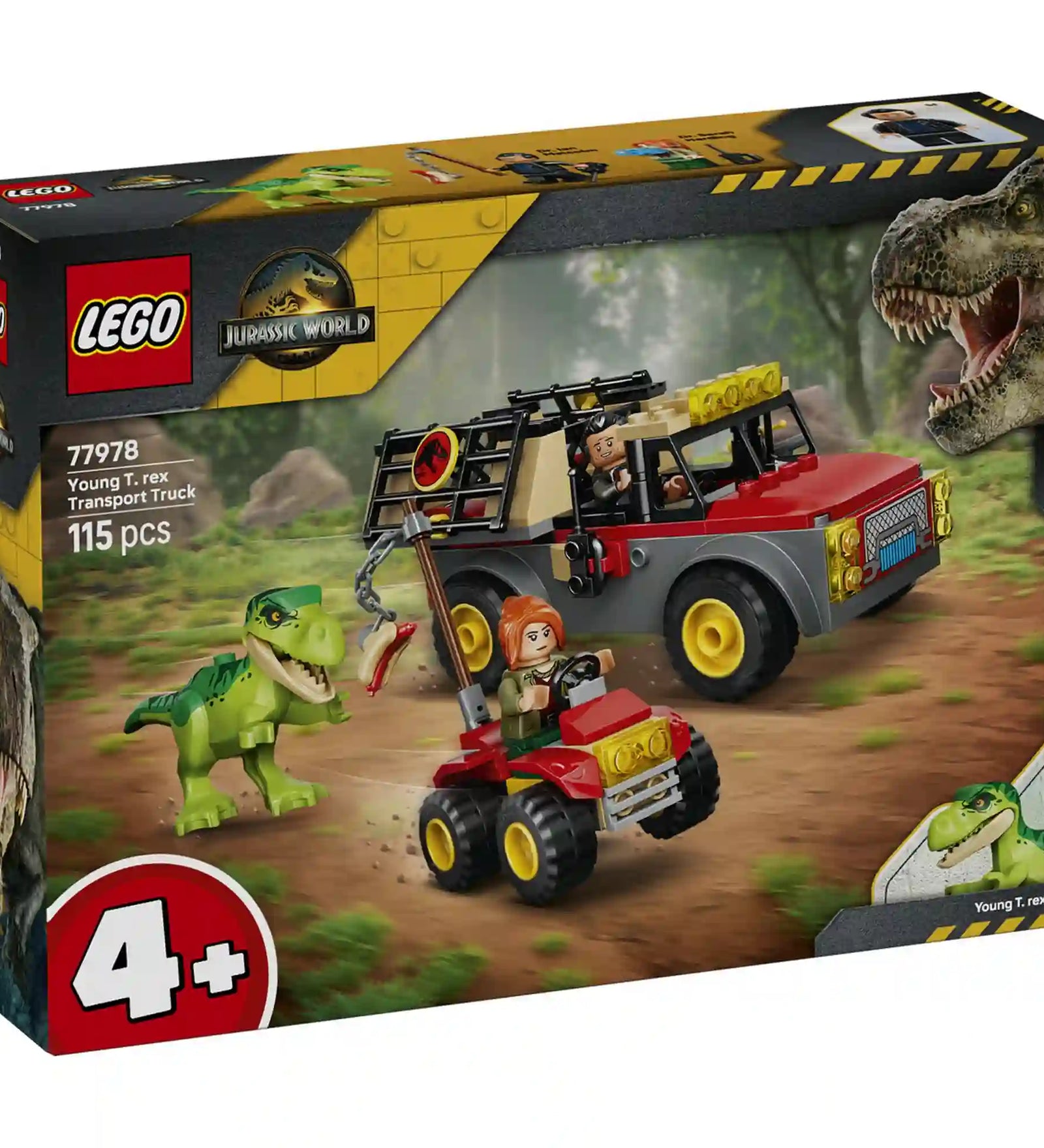 LEGO Jurassic World Fiatal T. rex szállító teherautó (77978) készlet doboza fiatal T. rex figurával, szállítóteherautóval és quaddal.