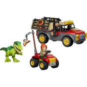 LEGO Jurassic World készlet szállítóteherautóval, quaddal, két minifigurával és fiatal T. rex dinoszaurusszal.