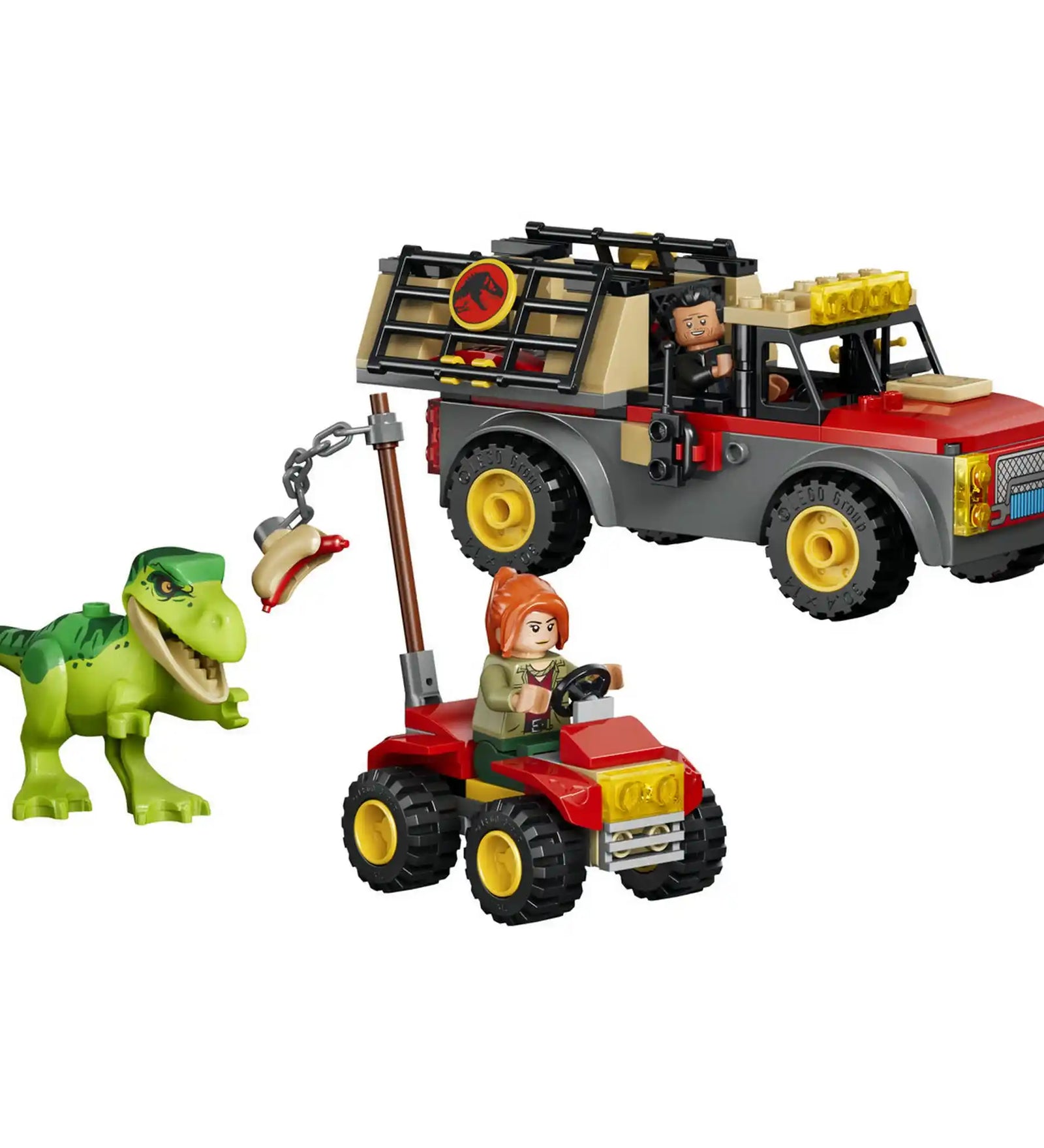 LEGO Jurassic World készlet szállítóteherautóval, quaddal, két minifigurával és fiatal T. rex dinoszaurusszal.