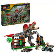 Termék és doboz együtt: LEGO Jurassic World Menekülés a spinosaurus elől (77982) készlet a dobozzal, Spinosaurus figurával, kifutóval, motorkerékpárral és minifigurákkal.