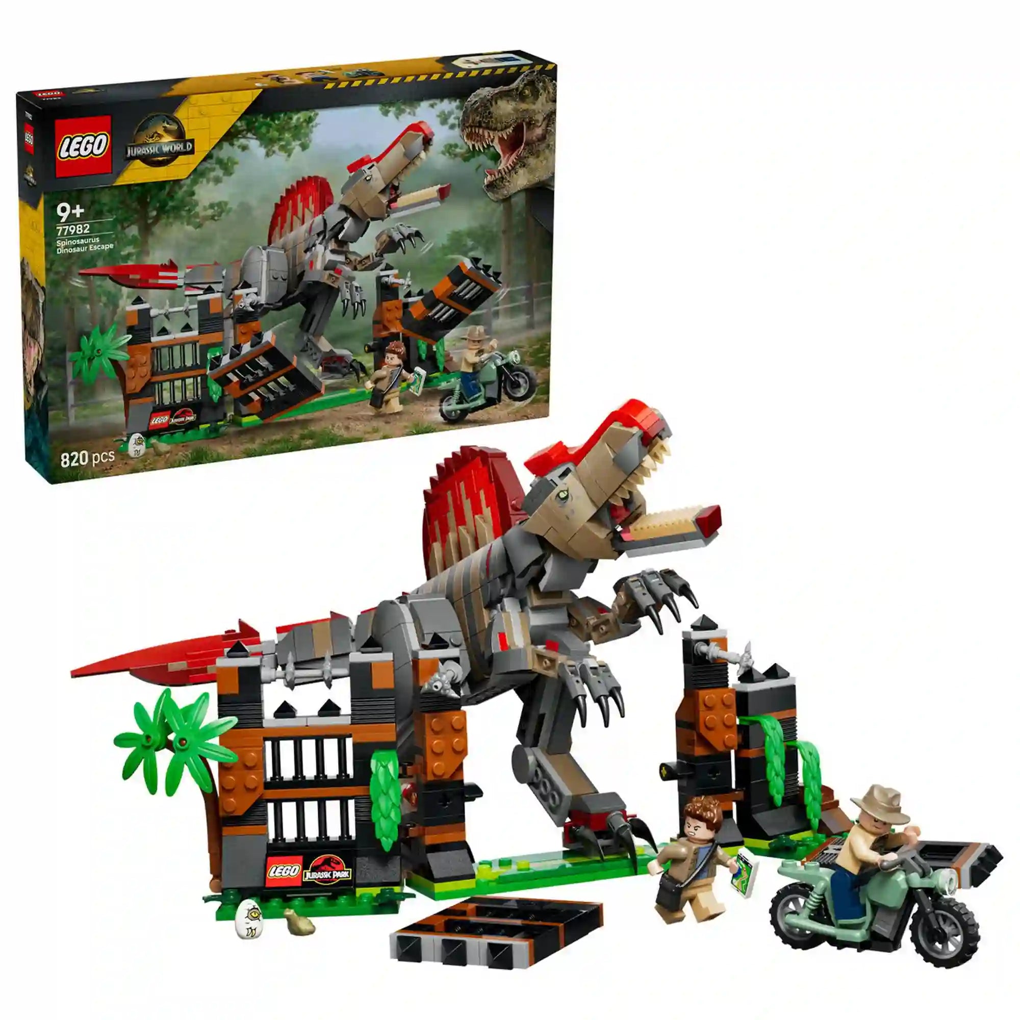 Termék és doboz együtt: LEGO Jurassic World Menekülés a spinosaurus elől (77982) készlet a dobozzal, Spinosaurus figurával, kifutóval, motorkerékpárral és minifigurákkal.