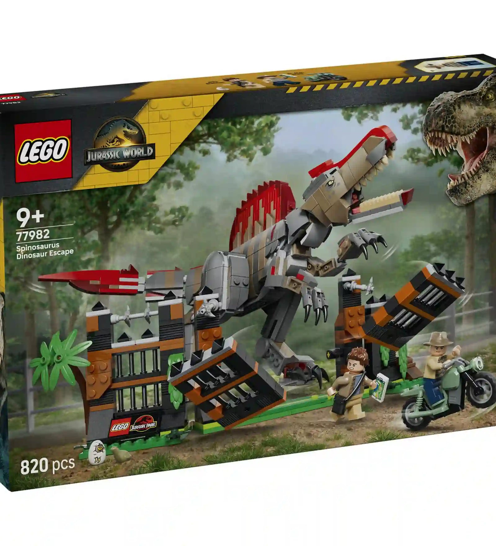 Doboz eleje: LEGO Jurassic World Menekülés a spinosaurus elől (77982) készlet doboza hatalmas Spinosaurus figurával, kifutóval és motorkerékpárral.