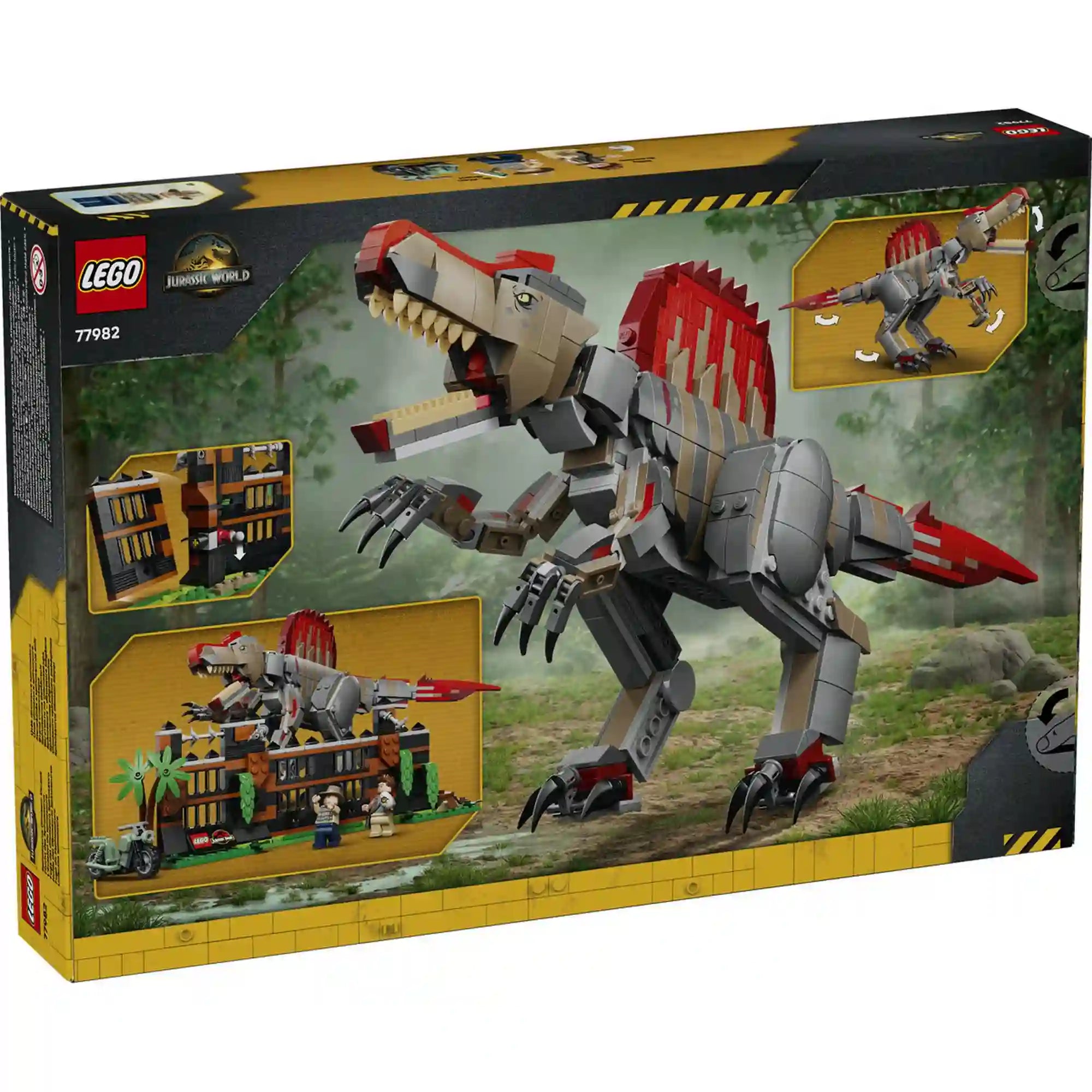 Doboz hátulja: A LEGO Jurassic World Menekülés a spinosaurus elől készlet hátoldala, amely bemutatja a Spinosaurus mozgatható elemeit és a kifutó funkcióit.