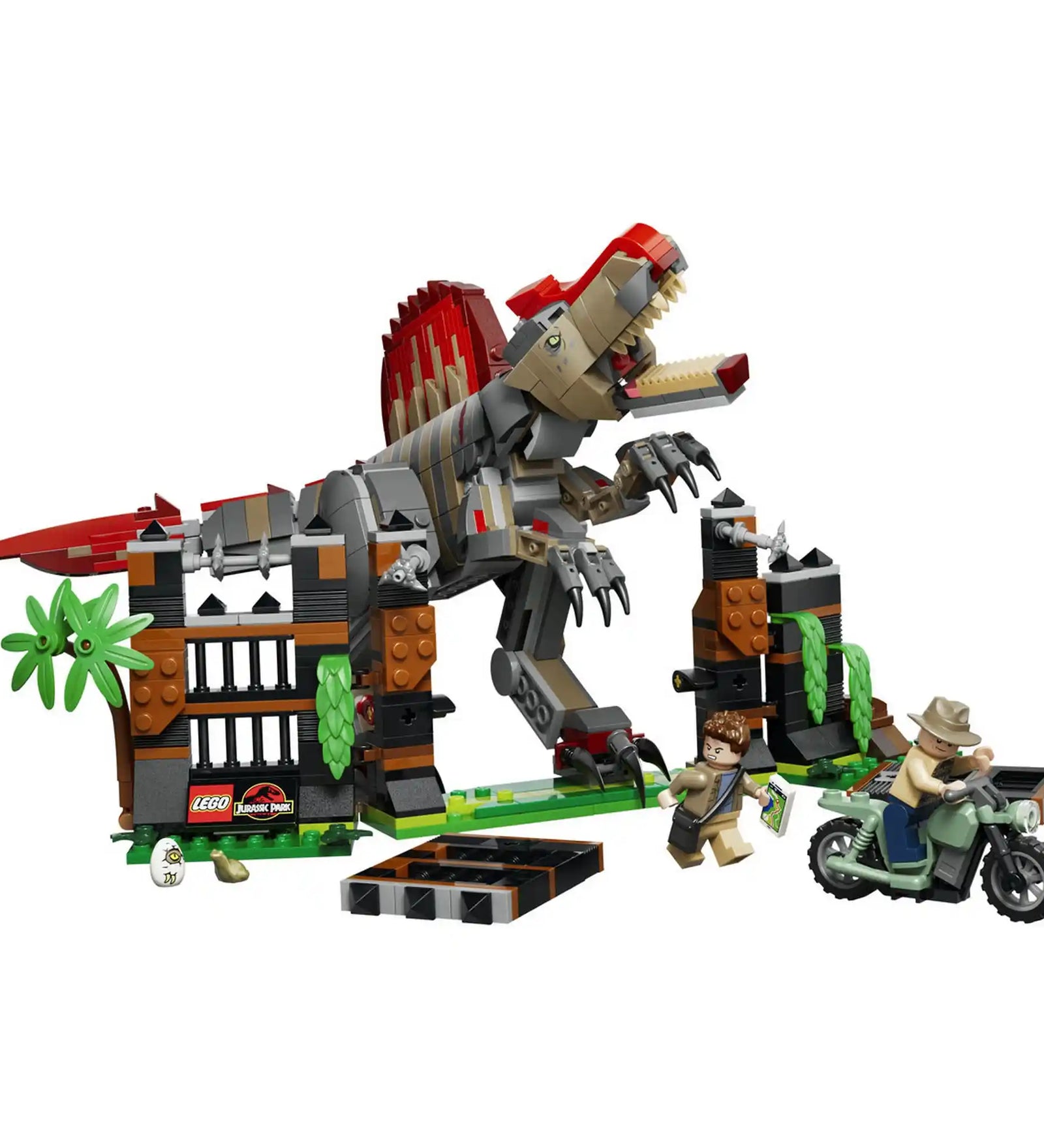 Termék tartalma: LEGO Jurassic World készlet mozgatható Spinosaurus figurával, kifutóval, motorkerékpárral, két minifigurával és dinoszaurusztojással.