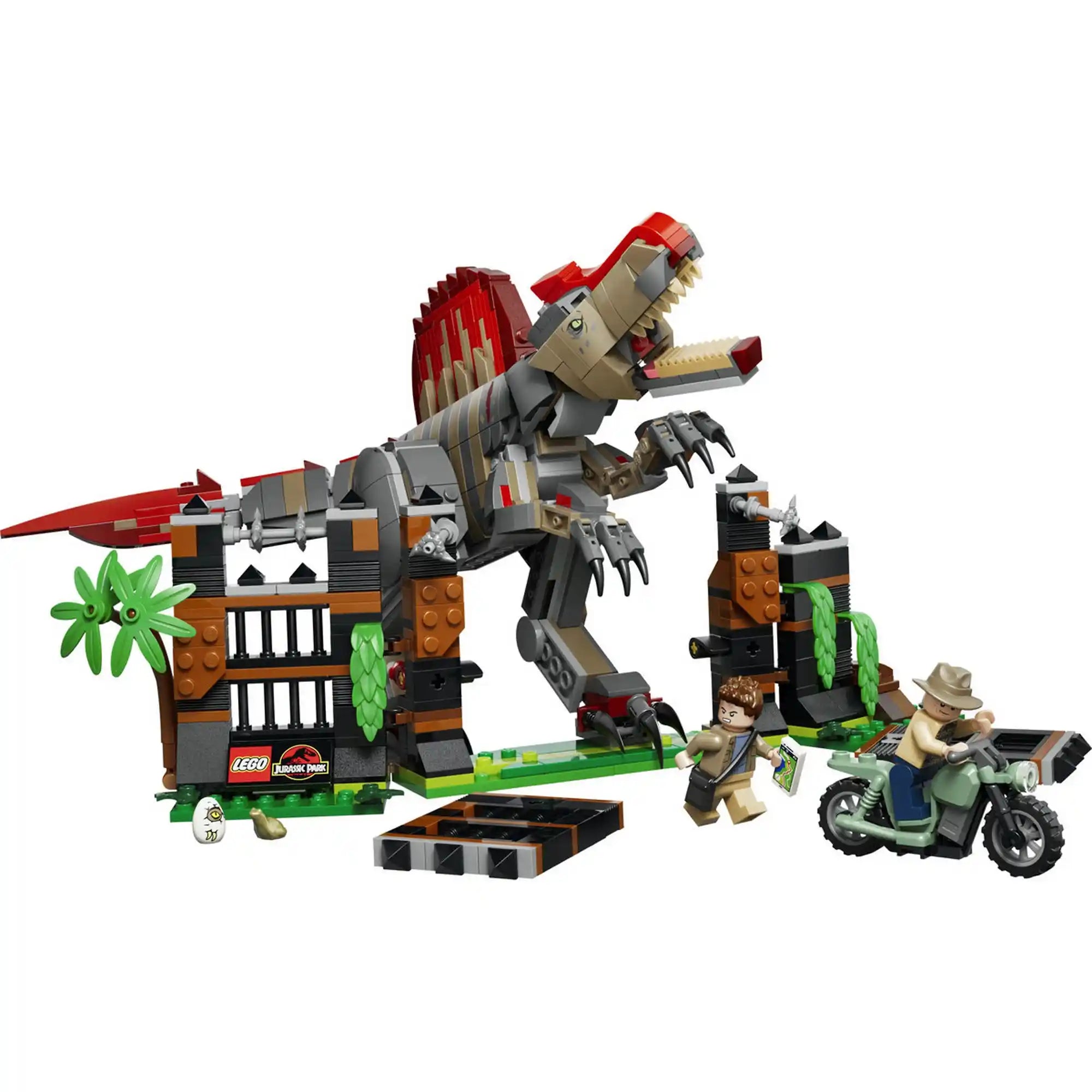 Termék tartalma: LEGO Jurassic World készlet mozgatható Spinosaurus figurával, kifutóval, motorkerékpárral, két minifigurával és dinoszaurusztojással.
