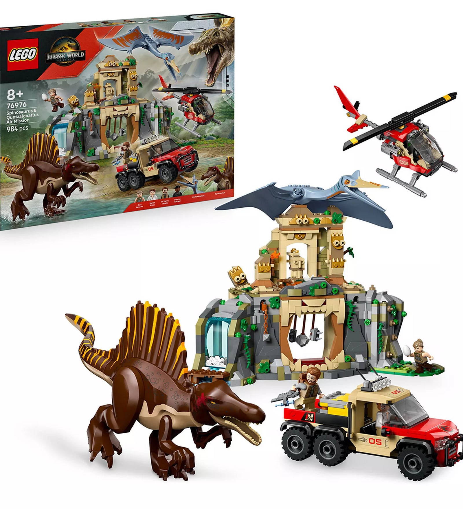 A LEGO Jurassic World 76976 készlet teljes tartalma felépítve: Spinosaurus, Quetzalcoatlus, templom csapdákkal, helikopter és terepjáró, a dobozképpel együtt bemutatva.”