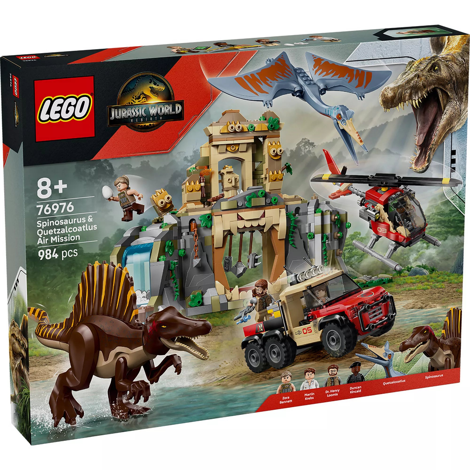 „A LEGO Jurassic World 76976 Spinosaurus és Quetzalcoatlus légi küldetés doboza, rajta a hatalmas Spinosaurus figurával, a Quetzalcoatlus repülő dino modellel, a templomos játéktérrel, a helikopterrel és a terepjáróval.”