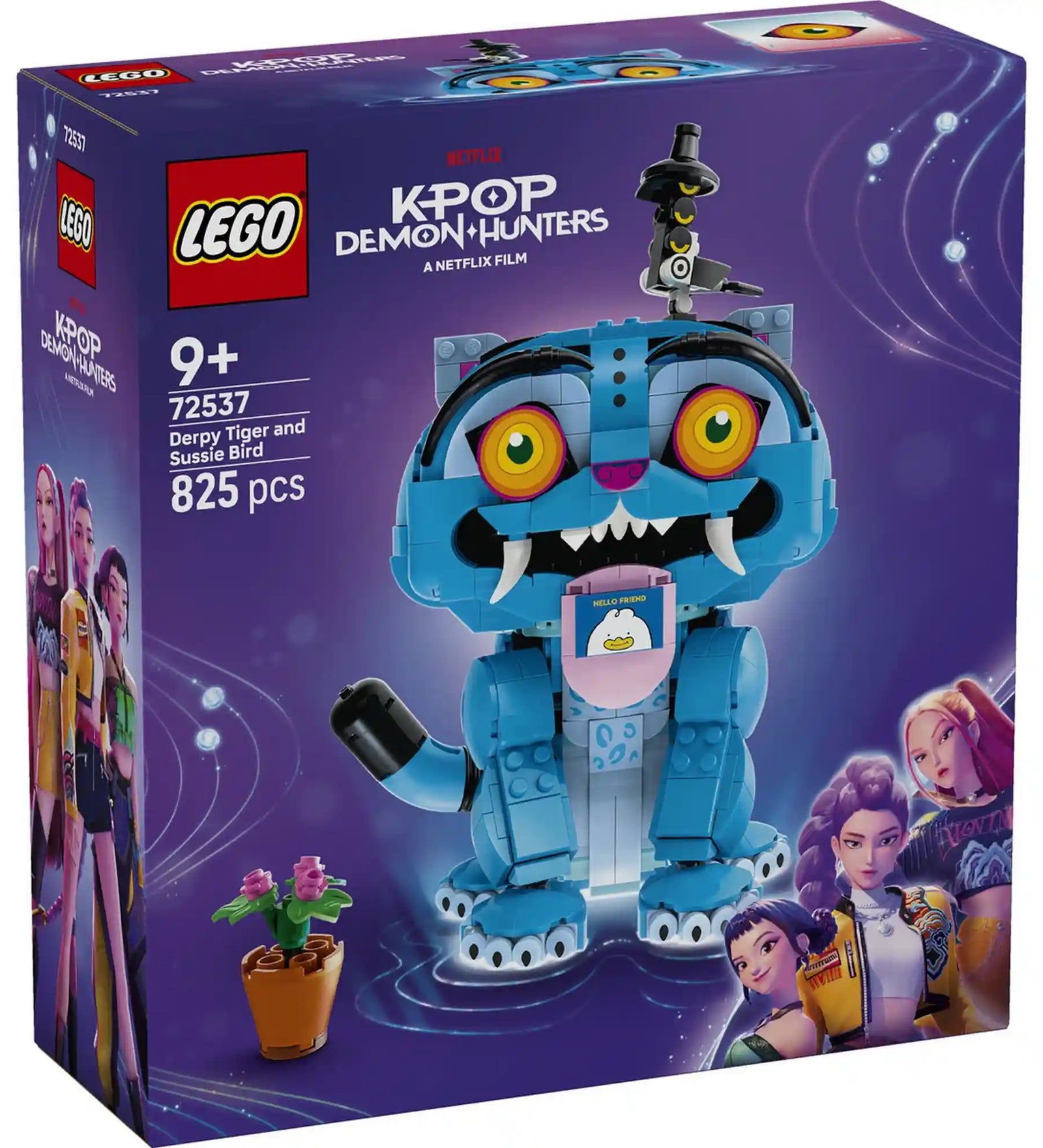 A LEGO KPop Demon Hunters: Derpy tigris és Sussie madár 72537 megépített Derpy tigris figurája kihúzható nyelvvel, üzenetkártyával és Sussie madárral.