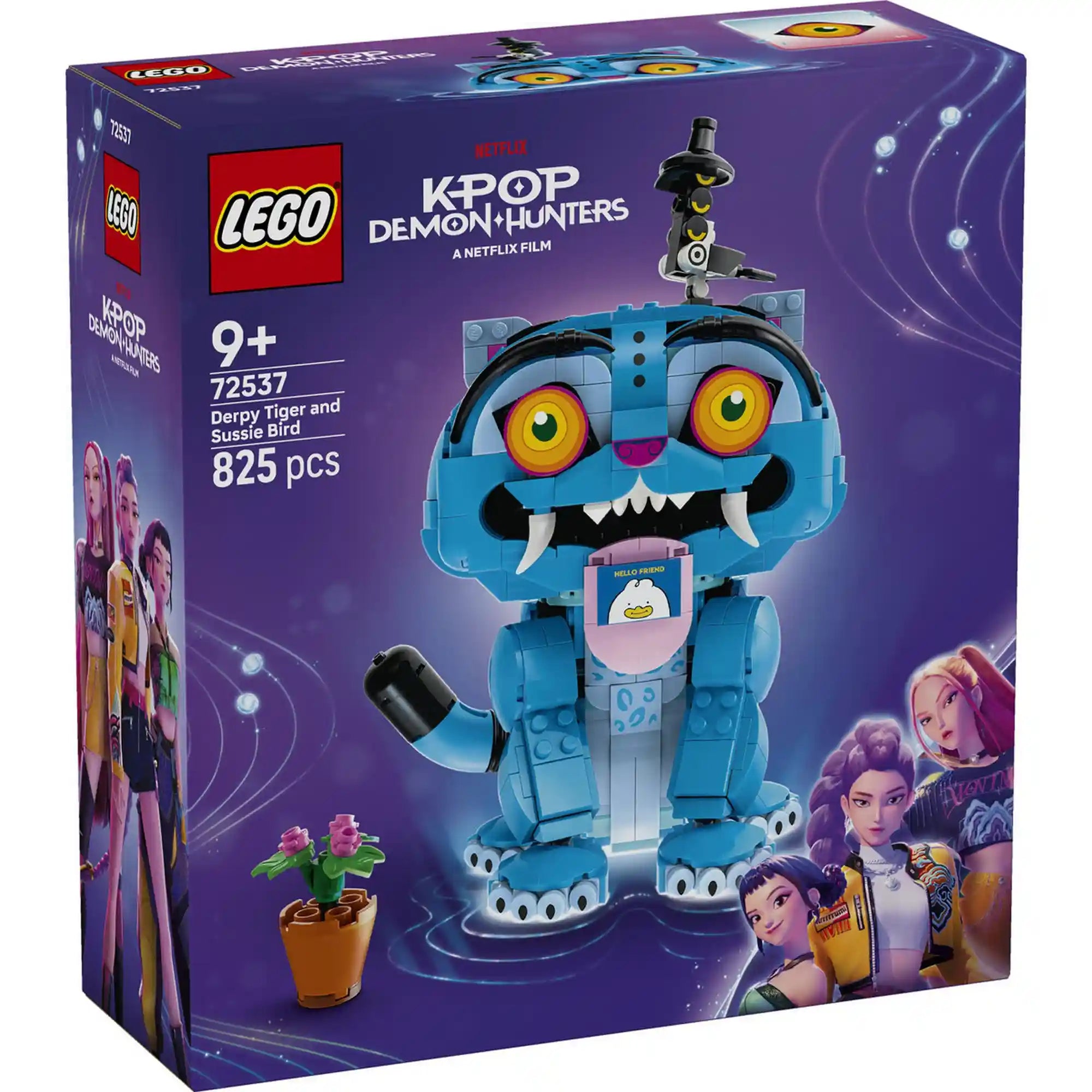 A LEGO KPop Demon Hunters: Derpy tigris és Sussie madár 72537 megépített Derpy tigris figurája kihúzható nyelvvel, üzenetkártyával és Sussie madárral.