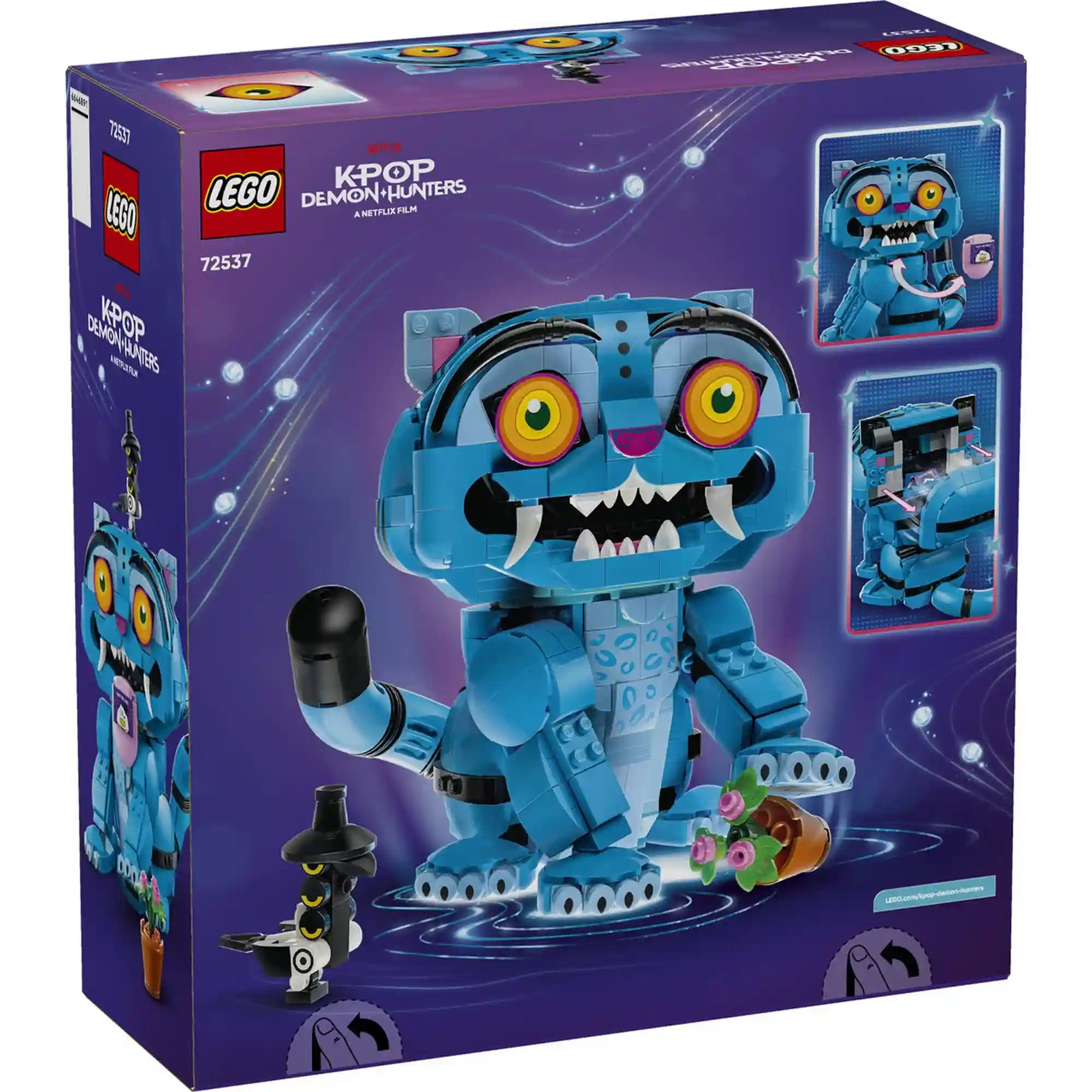 A LEGO KPop Demon Hunters: Derpy tigris és Sussie madár 72537 készlet dobozának hátoldala, amely bemutatja a mozgatható és nyitható funkciókat.