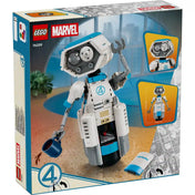 A LEGO Marvel: A Fantasztikus 4-es – H.E.R.B.I.E. 76339 készlet hátoldala, amely bemutatja a robot mozgatható karjait, forgó szemeit, nyitható tárolórekeszét és a modell méreteit.