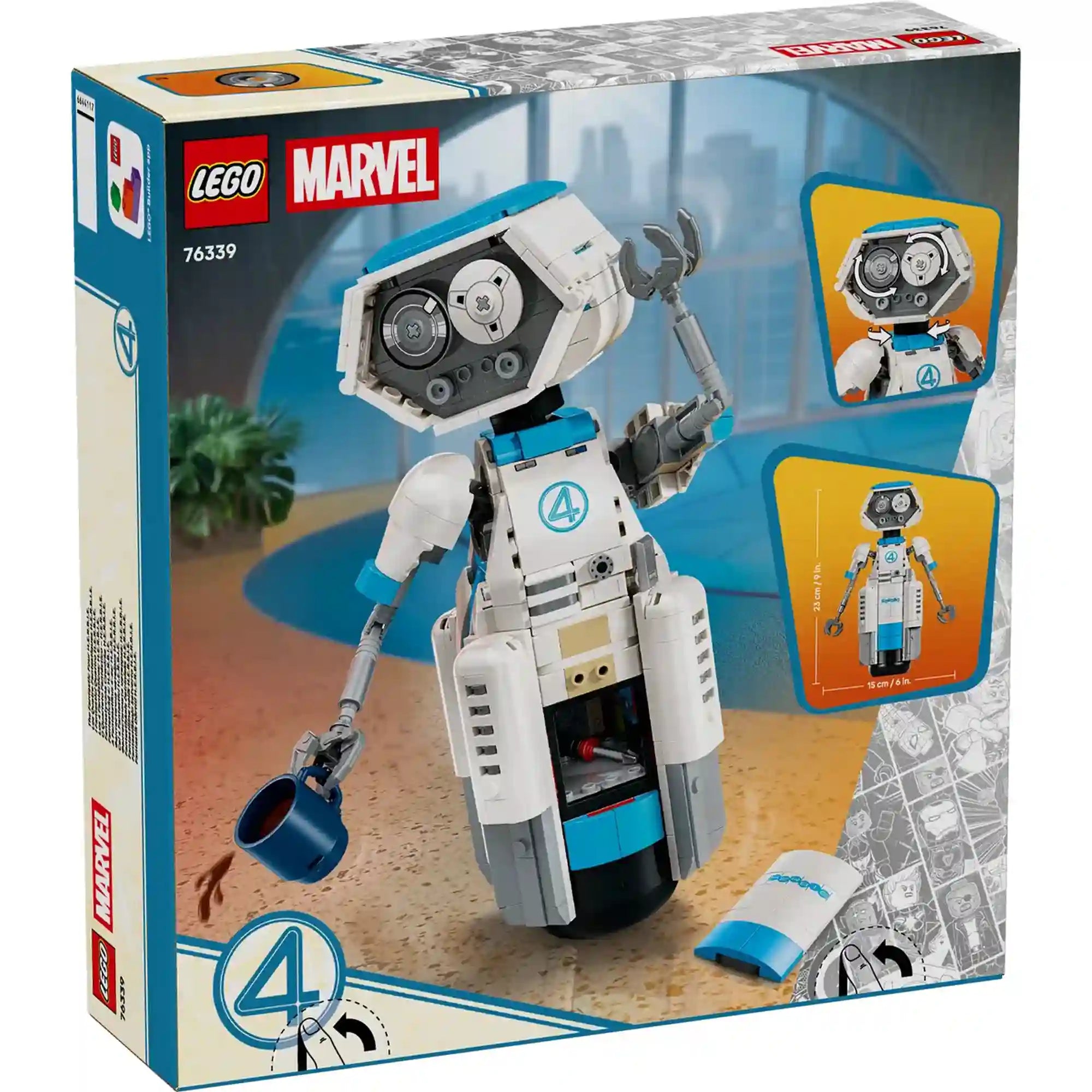 A LEGO Marvel: A Fantasztikus 4-es – H.E.R.B.I.E. 76339 készlet hátoldala, amely bemutatja a robot mozgatható karjait, forgó szemeit, nyitható tárolórekeszét és a modell méreteit.