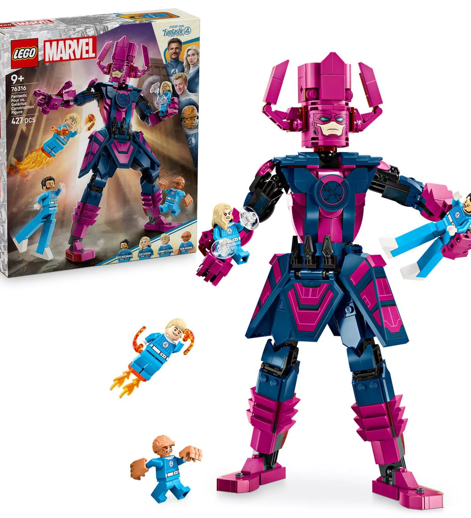 „LEGO Marvel A Fantasztikus Négyes vs. Galactus építőfigura dobozzal és teljes összeállítással, minifigurák repülés közben.”