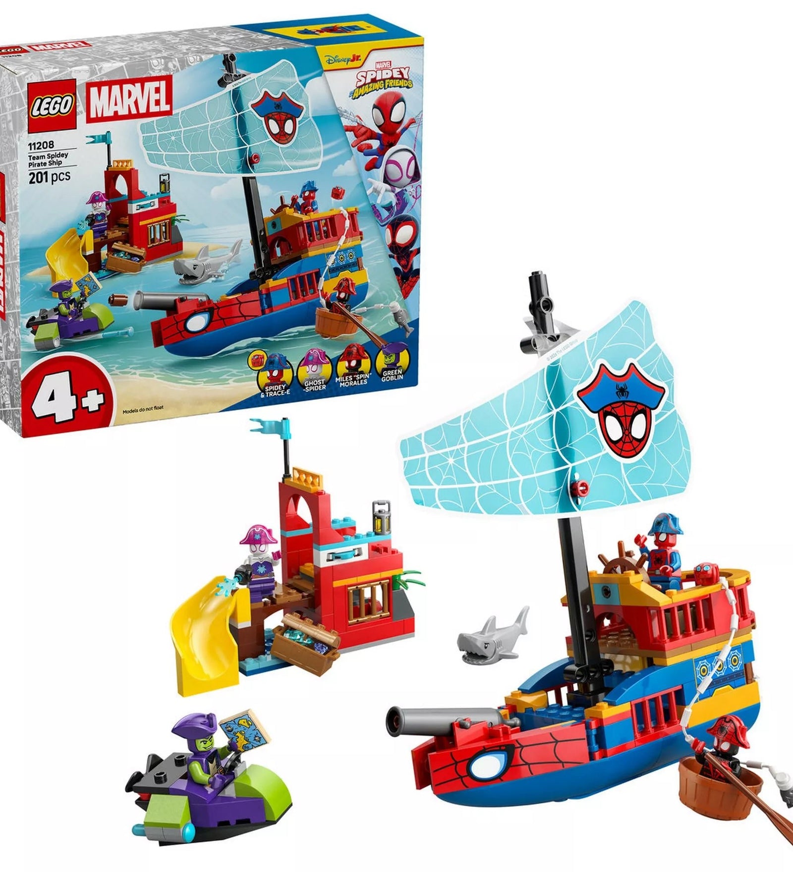 LEGO Marvel Spidey csapat kalózhajója (11208) készlet bemutatóképe dobozzal, kalózhajóval, Pók-szigettel, Zöld Manó csónakkal és minifigurákkal.