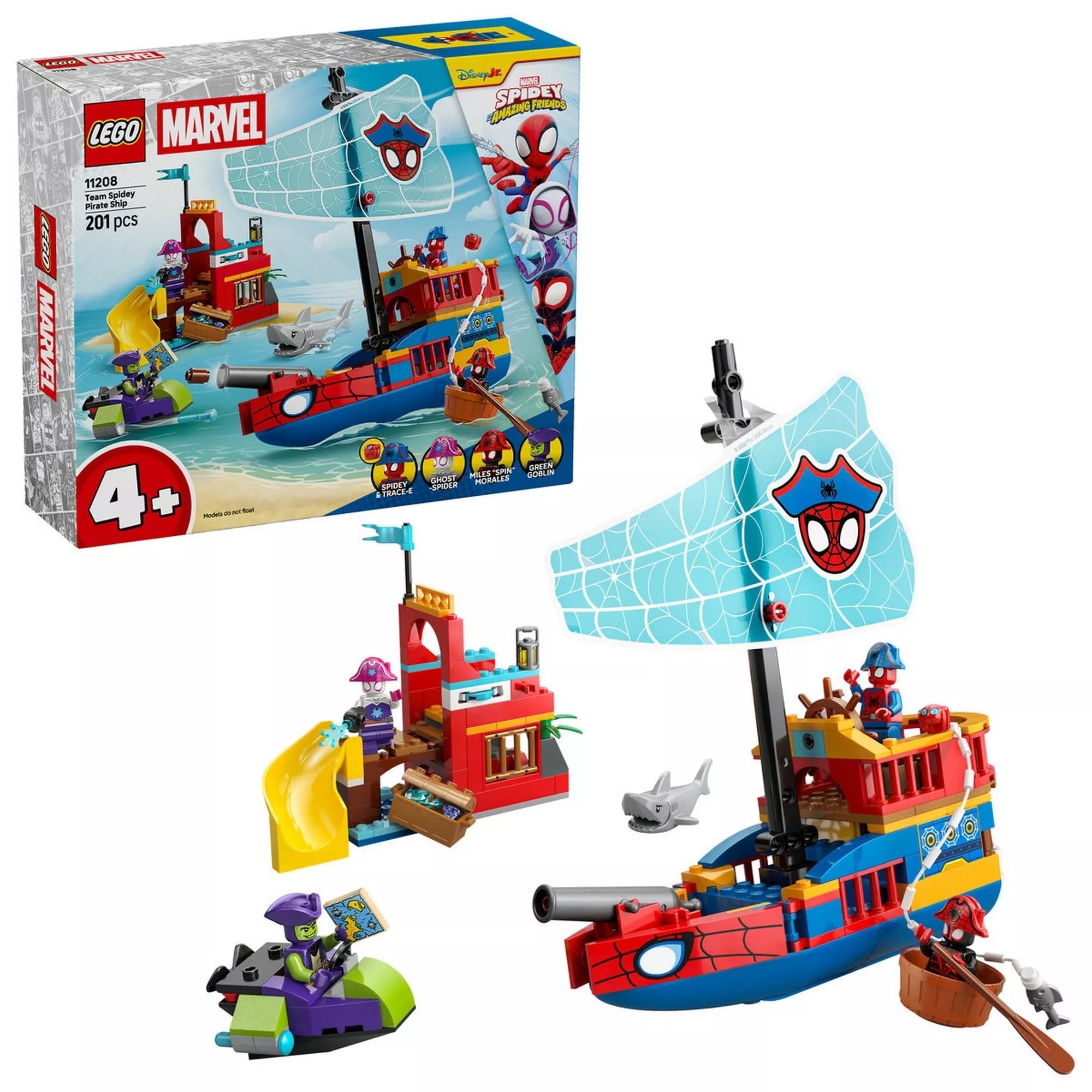 LEGO Marvel Spidey csapat kalózhajója (11208) készlet bemutatóképe dobozzal, kalózhajóval, Pók-szigettel, Zöld Manó csónakkal és minifigurákkal.