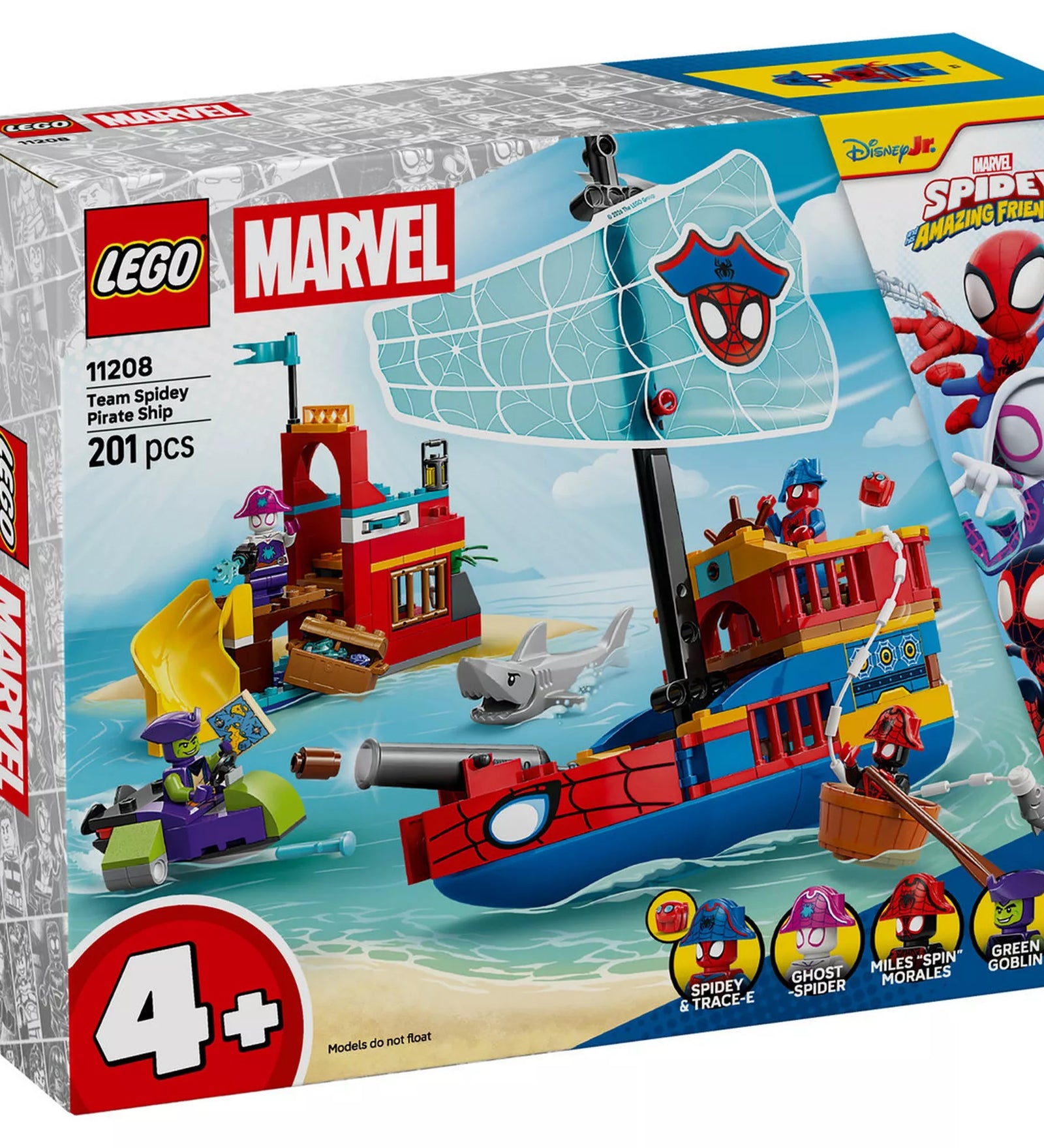 LEGO Marvel Spidey csapat kalózhajója (11208) készlet dobozának eleje, kalózhajóval, Pók-szigettel, Spidey, Pókfantom, Miles Morales és Zöld Manó minifigurákkal, 4 éves kortól.