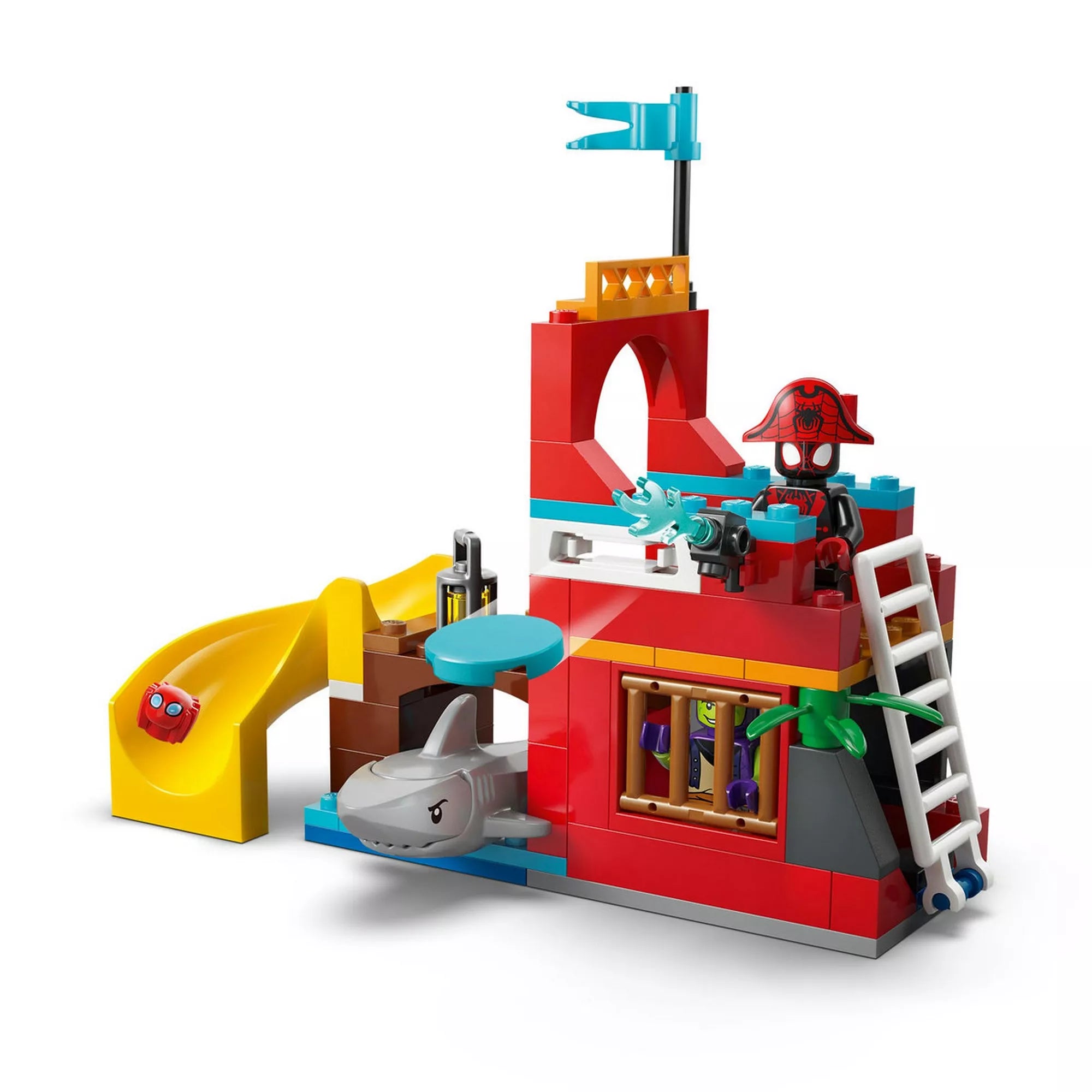LEGO Marvel Pók-sziget játékelem csúszdával, ketreccel, cápával és kilövővel, Spidey minifigurával a 11208 készletből.