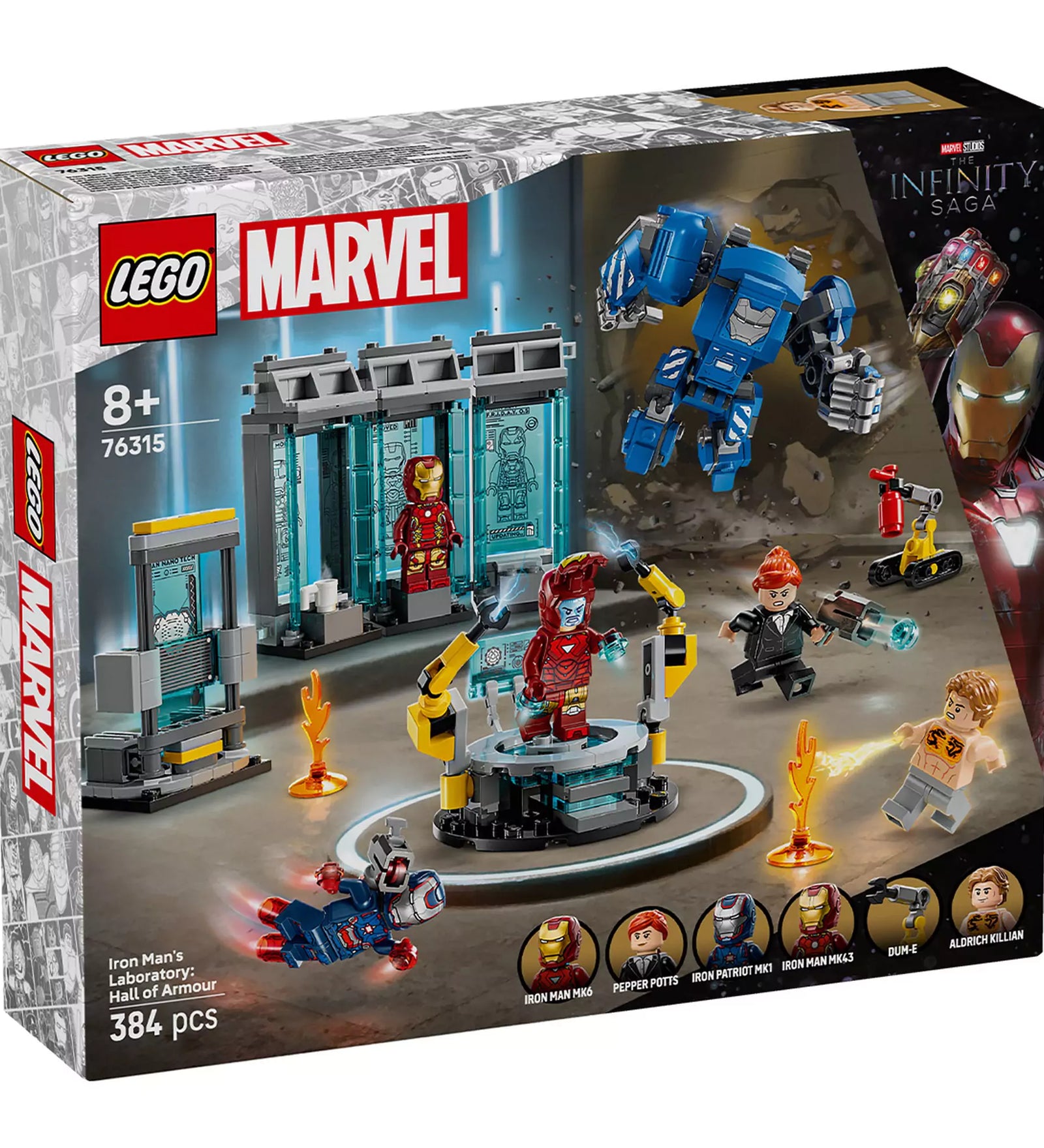 LEGO Marvel A Vasember laboratóriuma: páncélcsarnok doboza elölnézetből, a szereplőkkel és páncélokkal a háttérben.