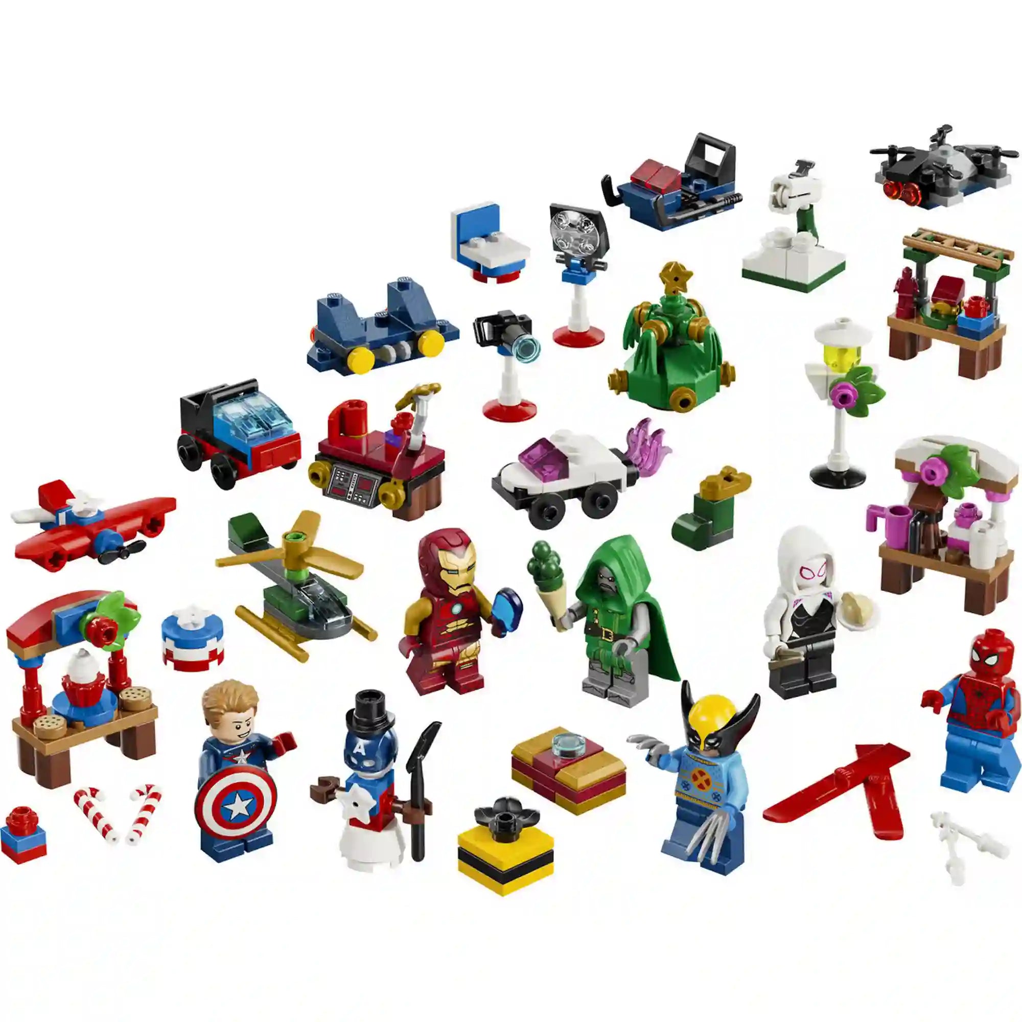 A LEGO Marvel adventi naptár 24 meglepetése fehér háttéren, szuperhős minifigurákkal, járművekkel és karácsonyi kiegészítőkkel.