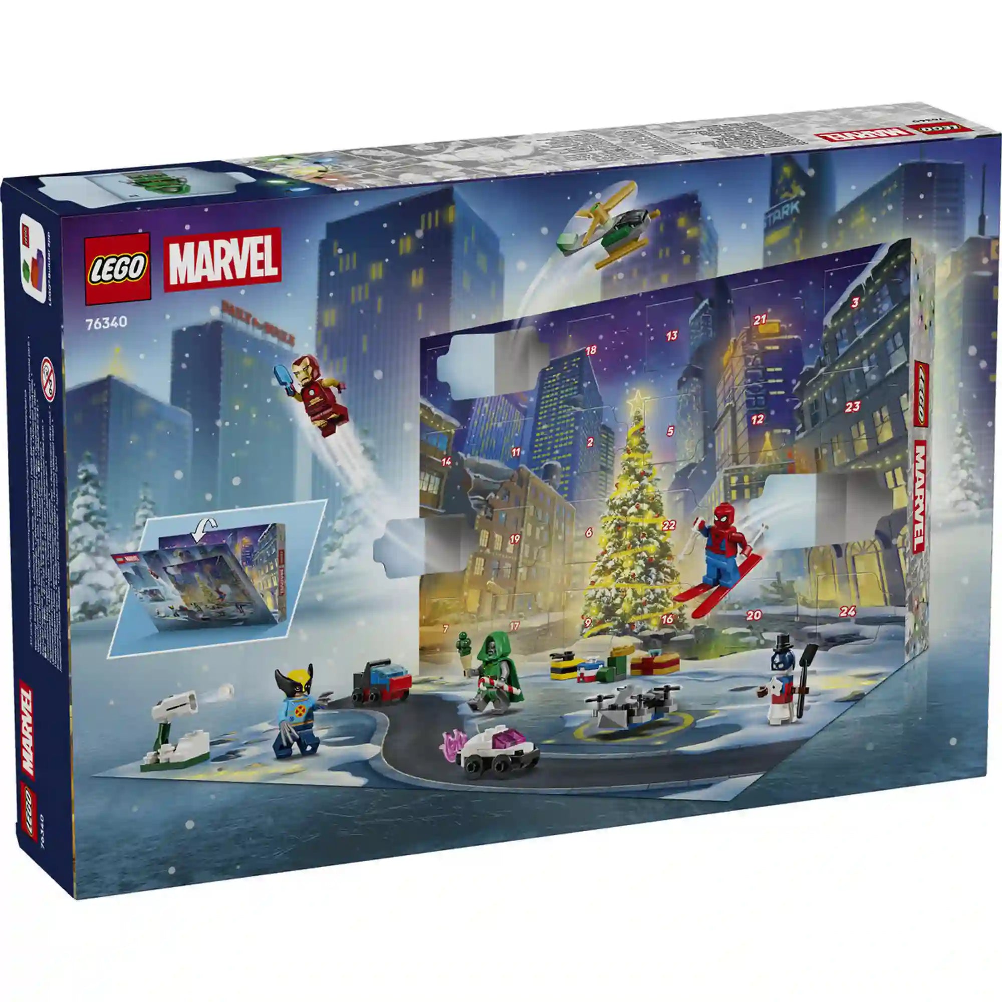 A LEGO Marvel adventi naptár dobozának hátoldala, a 24 számozott ablakkal, karácsonyfával és Marvel LEGO figurákkal
