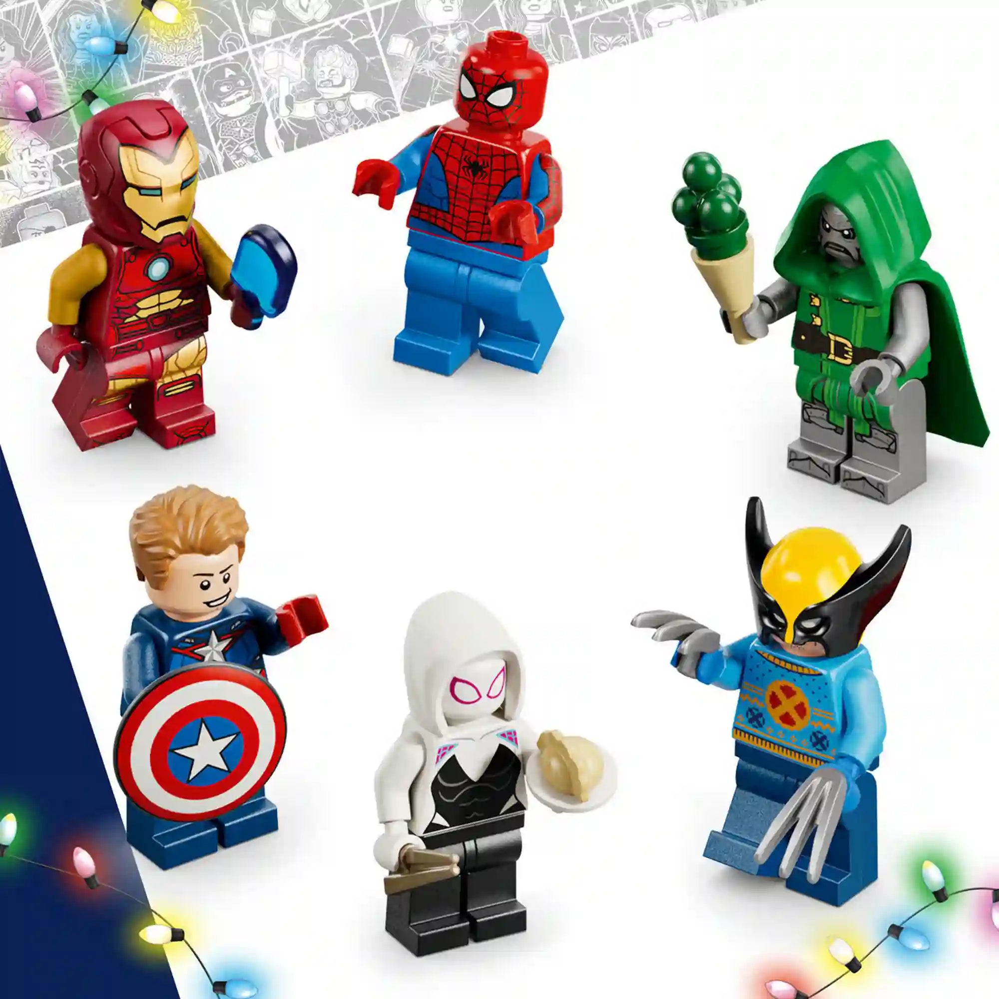 Hat LEGO Marvel minifigura fehér háttéren: Vasember, Pókember, Doctor Doom, Amerika Kapitány, Szellempók és Rozsomák.