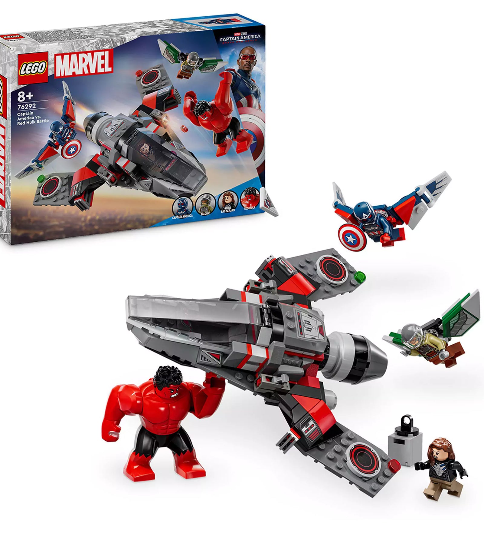 LEGO Marvel Amerika Kapitány vs. Vörös Hulk csata (76292) készlet minden szereplővel és sugárhajtású repülővel akcióban