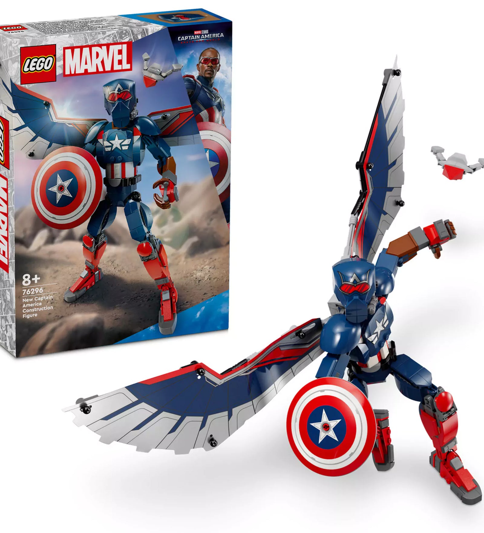  LEGO Marvel Az új Amerika Kapitány építőfigura (76296) doboza és a megépített figura akció közben, Redwing drónnal kiegészítve.