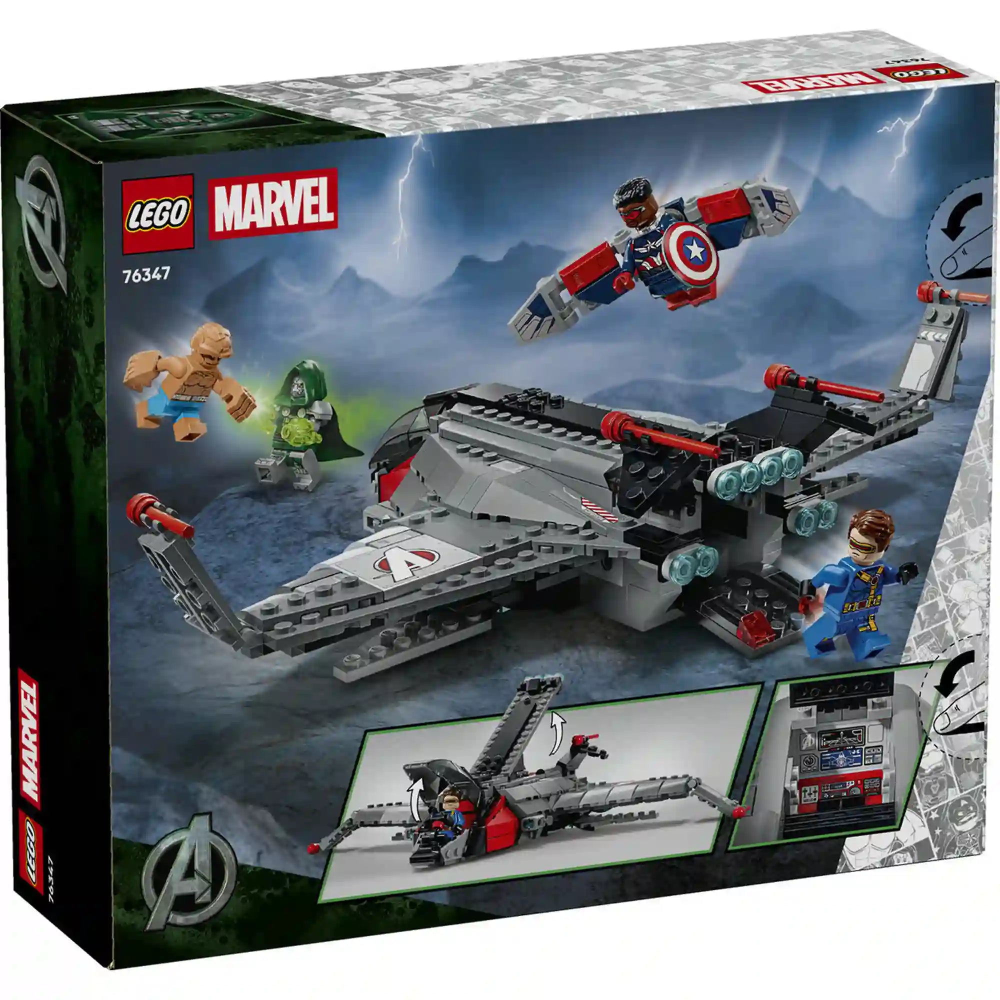 A LEGO Marvel Quinjet dobozának hátoldala a repülőgép hátsó nézetével, négy minifigurával és a nyitható részek bemutatásával.