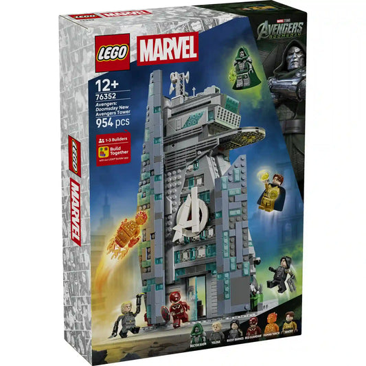 LEGO Marvel 76352 Az új Bosszúállók tornya készlet dobozának eleje a négyszintes épülettel.