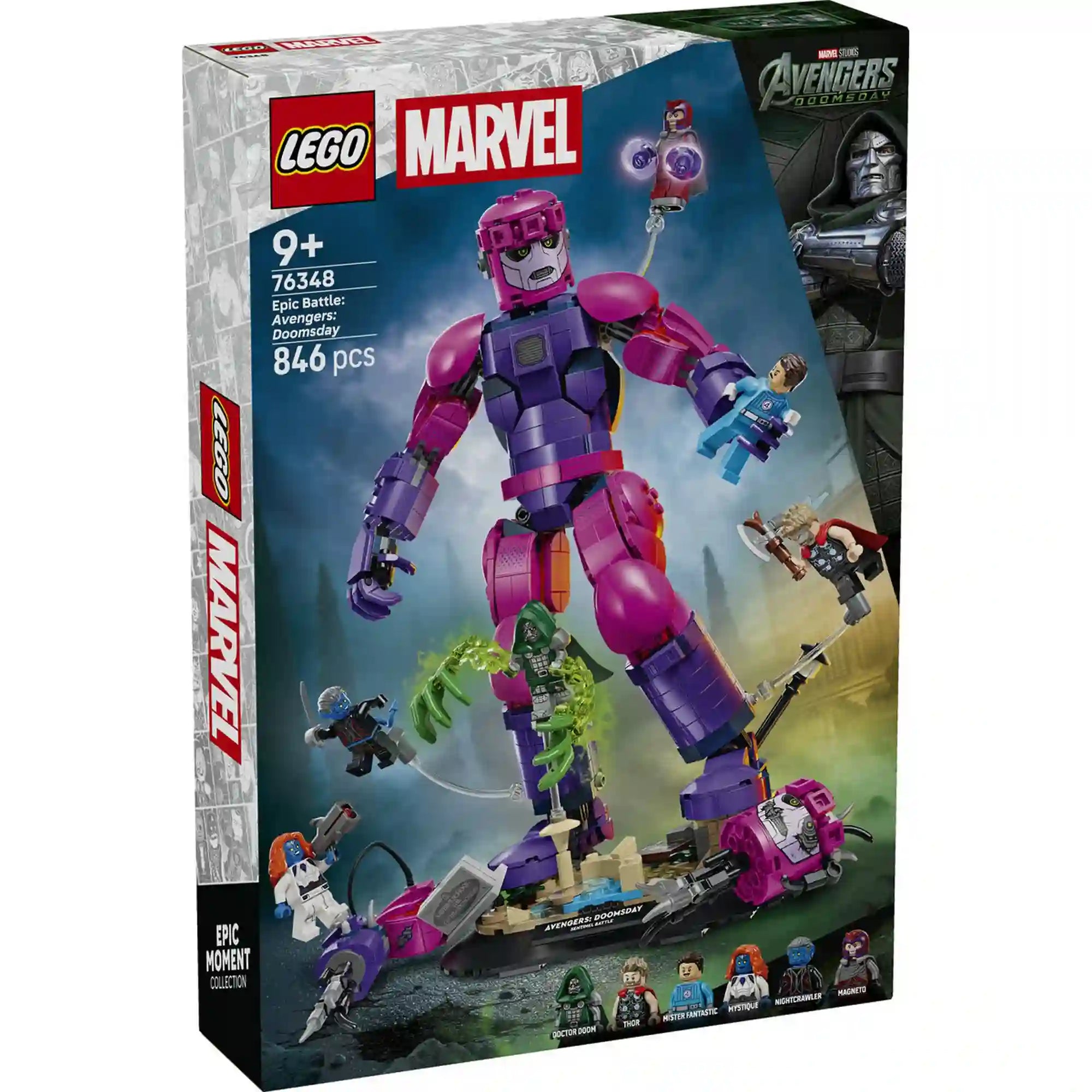 LEGO Marvel Bosszúállók: Ítéletnap 76348 doboza az Őrszem robottal és Marvel hősökkel.