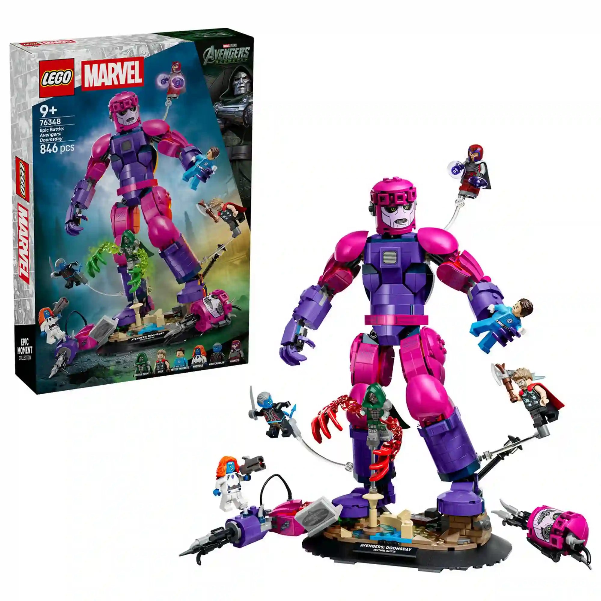 LEGO Marvel Bosszúállók: Ítéletnap 76348 doboza és az összeépített Őrszem robot a Marvel hősökkel.