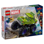 LEGO Marvel Hulk óriási terepjárója vs. Thanos doboza, amelyen Hulk hatalmas terepjárója és Thanos minifigurája látható.