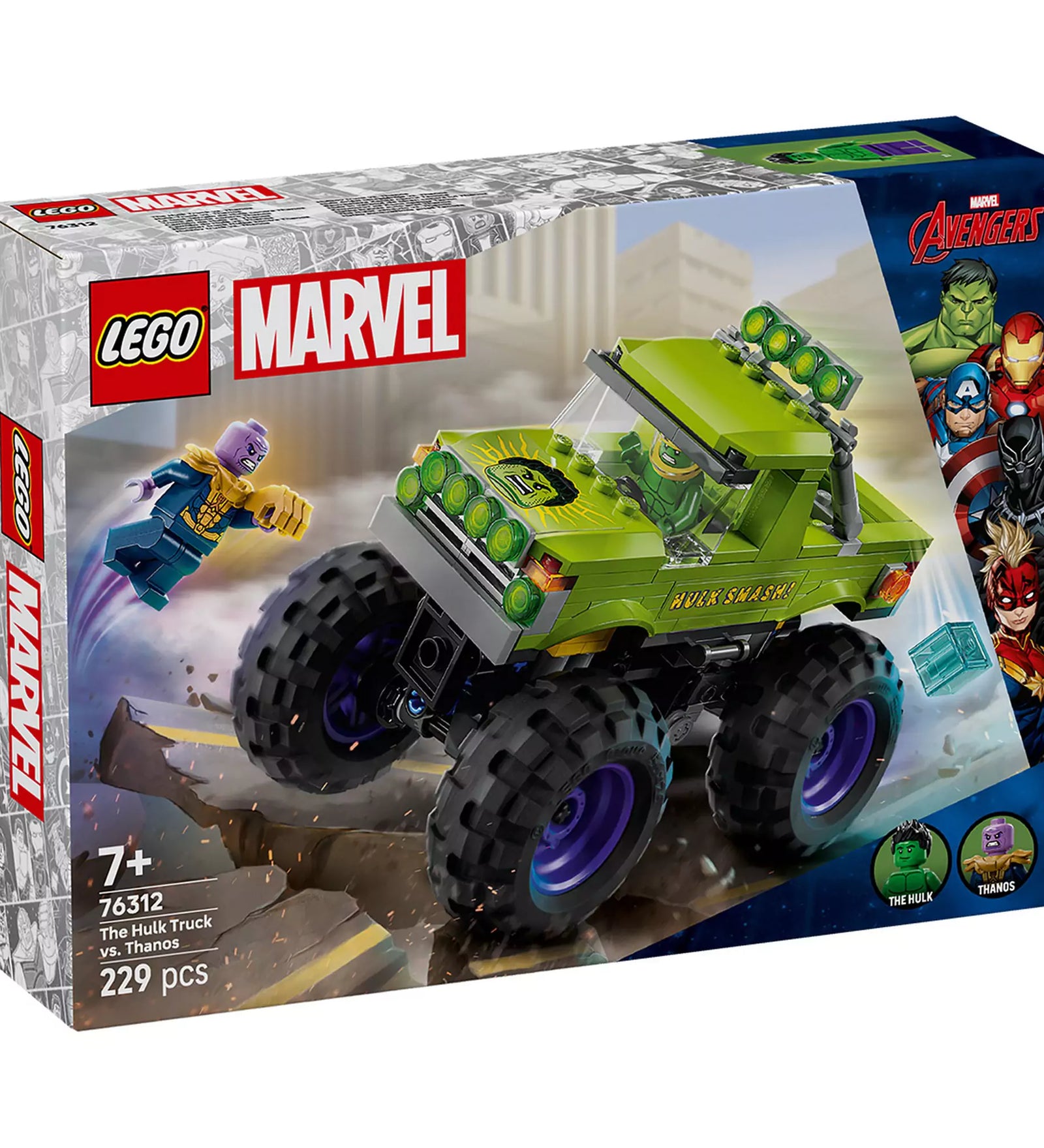 LEGO Marvel Hulk óriási terepjárója vs. Thanos doboza, amelyen Hulk hatalmas terepjárója és Thanos minifigurája látható.
