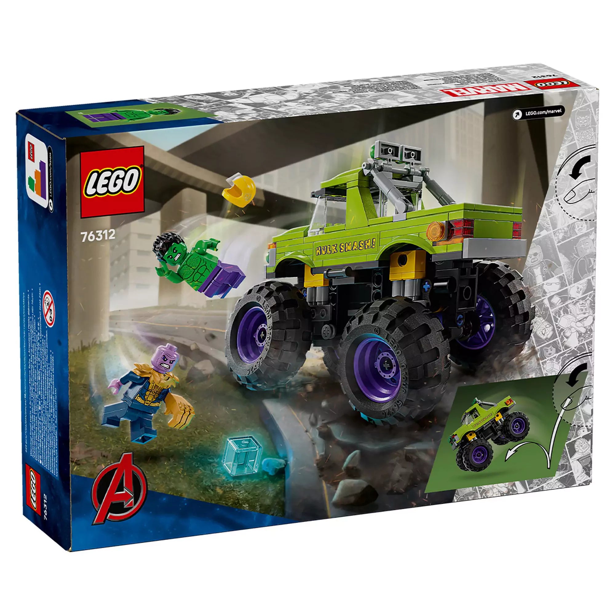 LEGO Marvel Hulk óriási terepjárója vs. Thanos készlet hátoldala, akciójelenettel és a jármű rugózását bemutató illusztrációval.