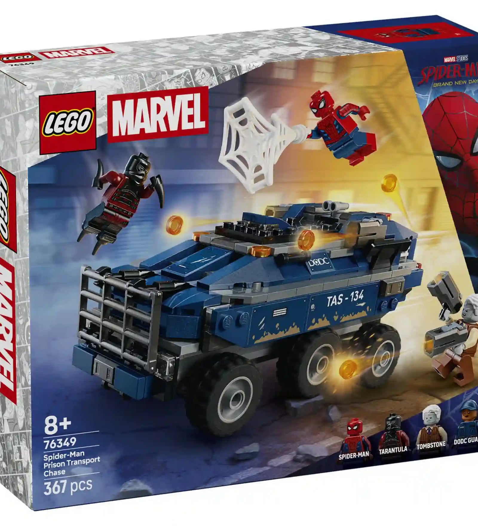 LEGO Marvel Pókember: a rabszállító üldözése 76349 dobozkép, páncélozott rabszállító járművel, Pókemberrel, Tarantulával és Sírkővel akció közben.
