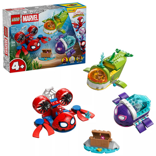 LEGO Marvel Spidey: Víz alatti járművek (11207) készlet bemutatóképe dobozzal, három tengeralattjáróval, kincsesládával és minifigurákkal.